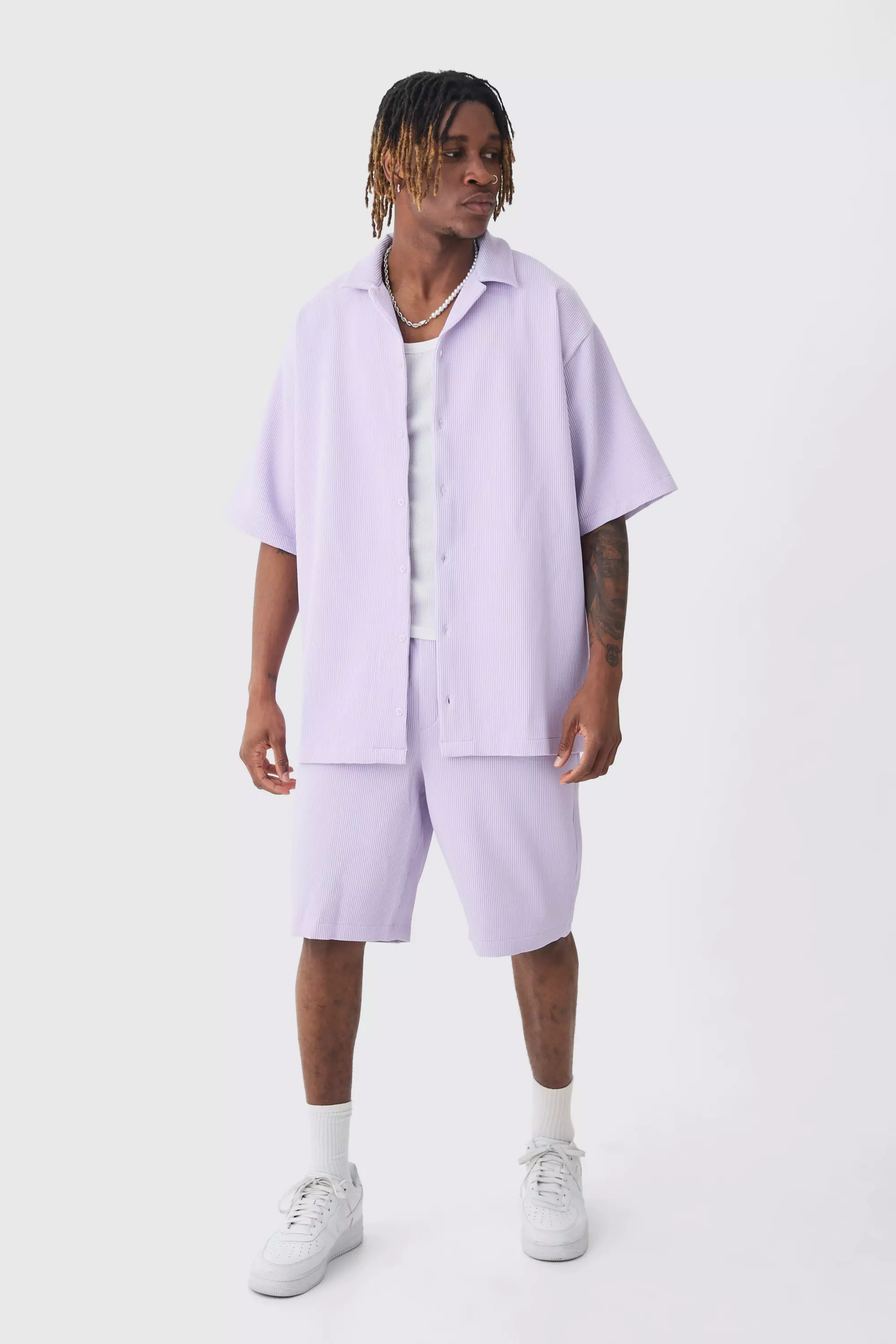 Tall Oversized Short Sleeve Pleated Shirt & Short In Lilac Lilac