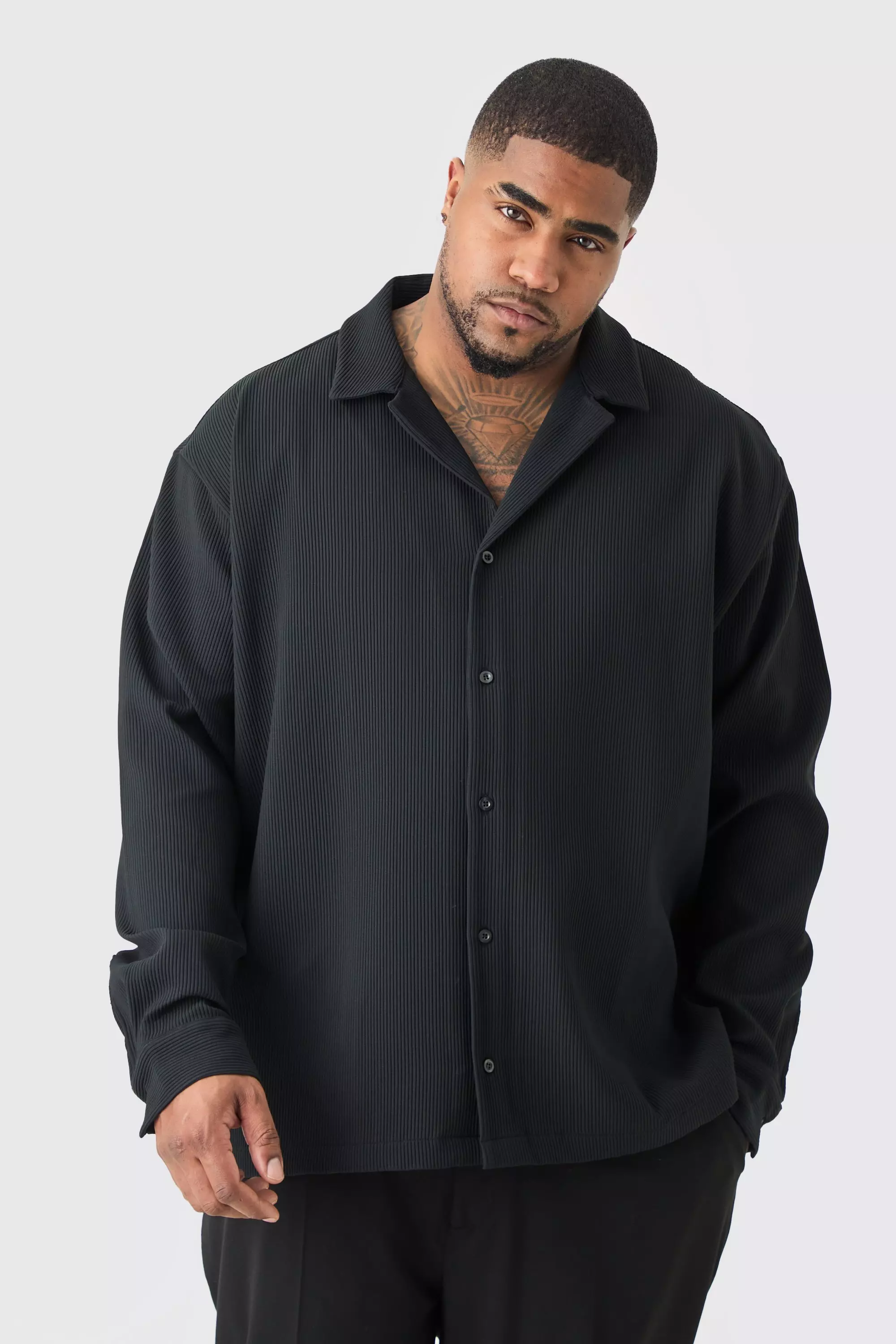 Black Plus Drop Revere Long Sleeve Pleated Shirt In Black