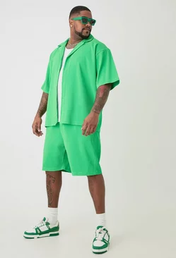 Green Plus Drop Revere Short Sleeve Pleated Shirt & Short In Green