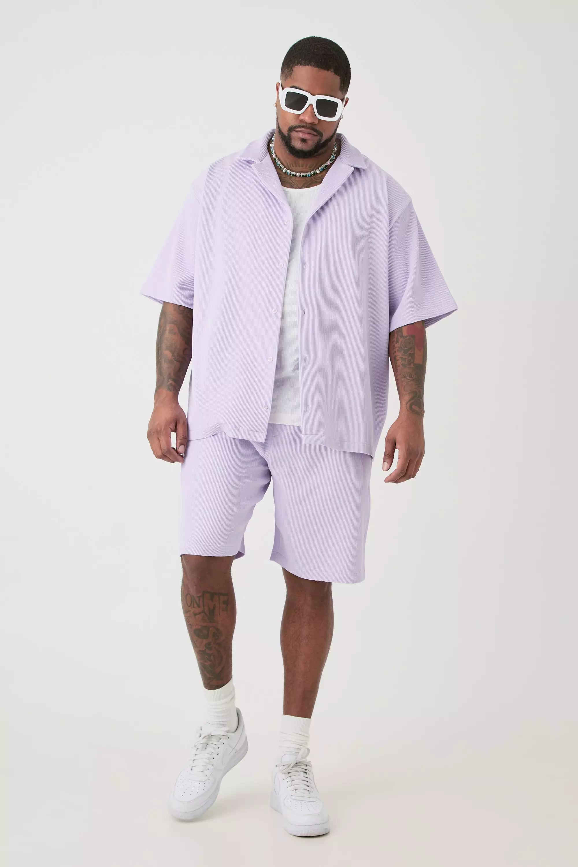 Plus Drop Revere Pleated Shirt & Short In Lilac Lilac
