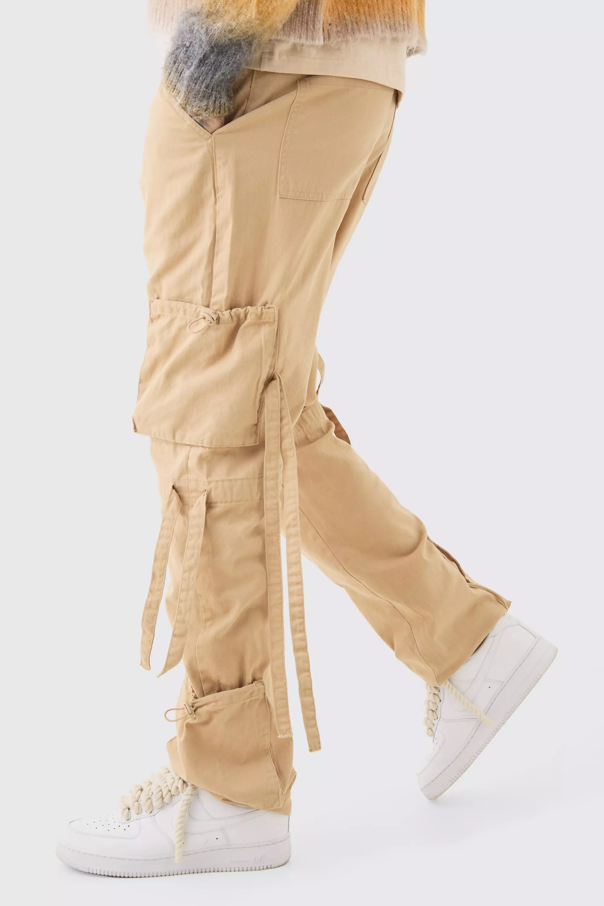 Tall Fixed Waist Washed Twill Multi Cargo Trouser Taupe