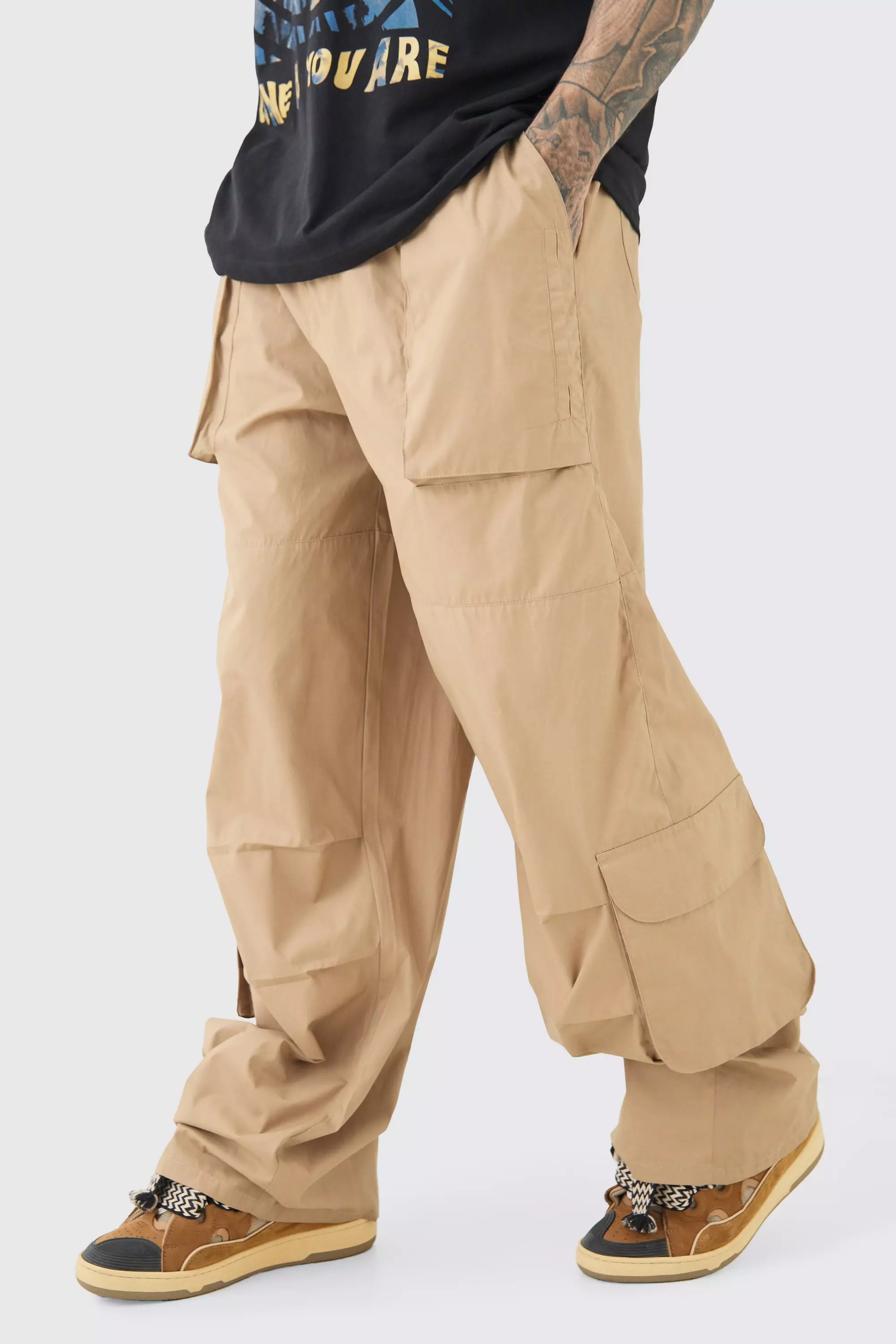 Taupe Beige Tall Elasticated Waist Oversized Peached Cargo Trouser