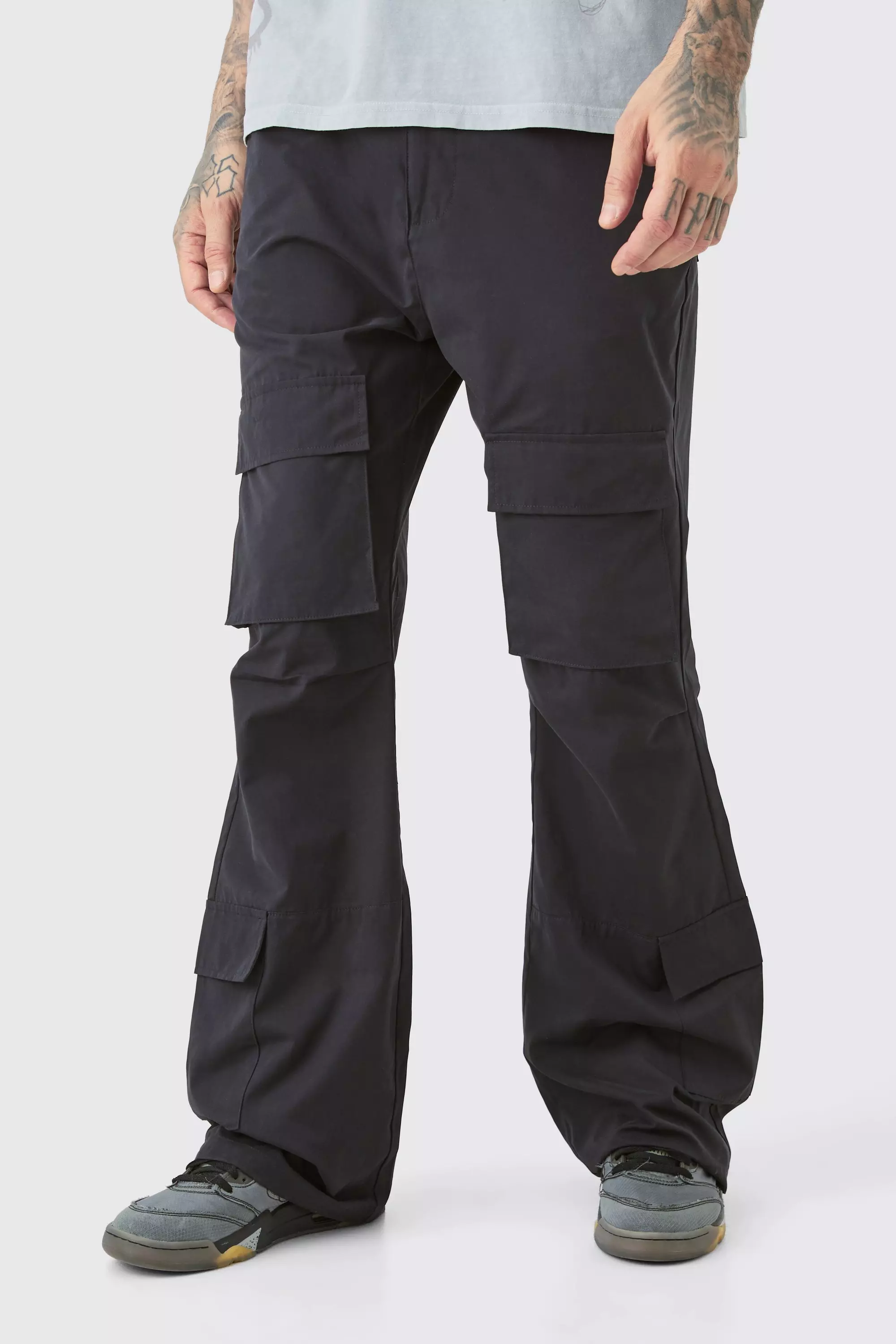 Black Tall Fixed Waist Relaxed Peached Flare Cargo Pants