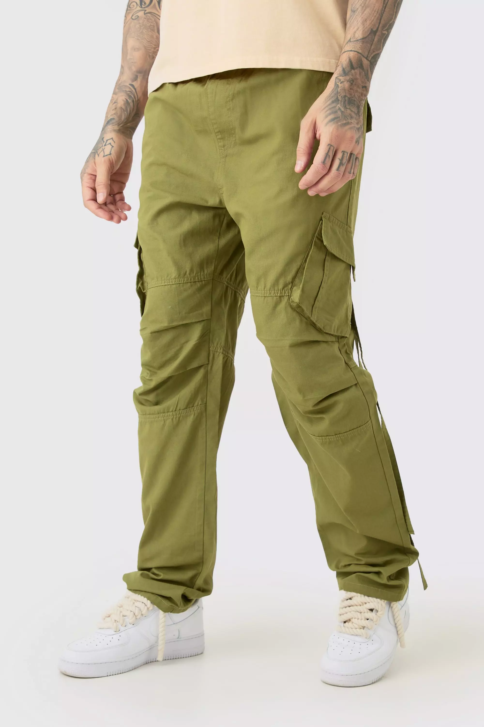 Khaki Tall Elasticated Waist Straight Washed Ripstop Cargo Pants