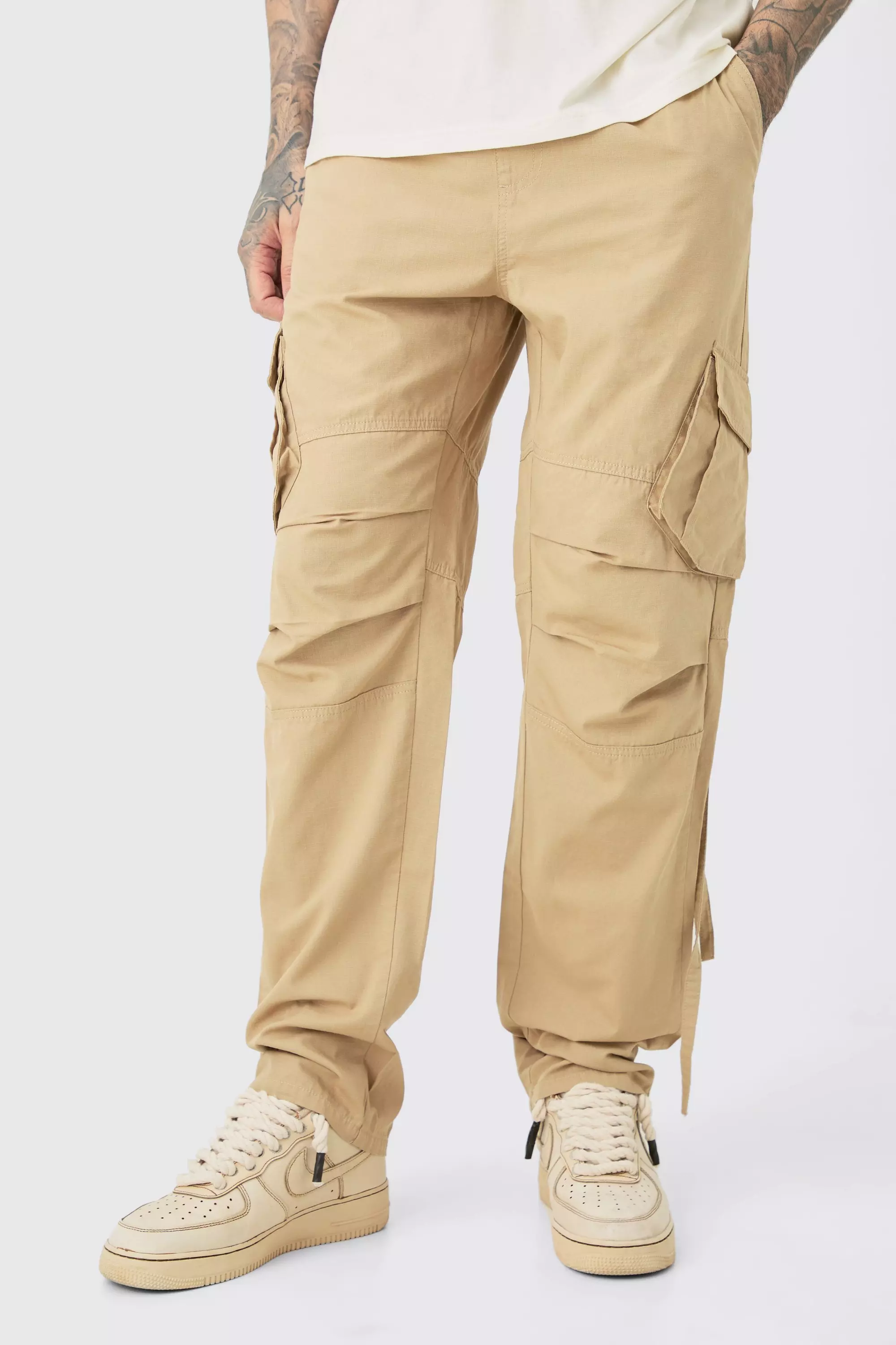 Taupe Beige Tall Elasticated Waist Straight Washed Ripstop Cargo Trouser