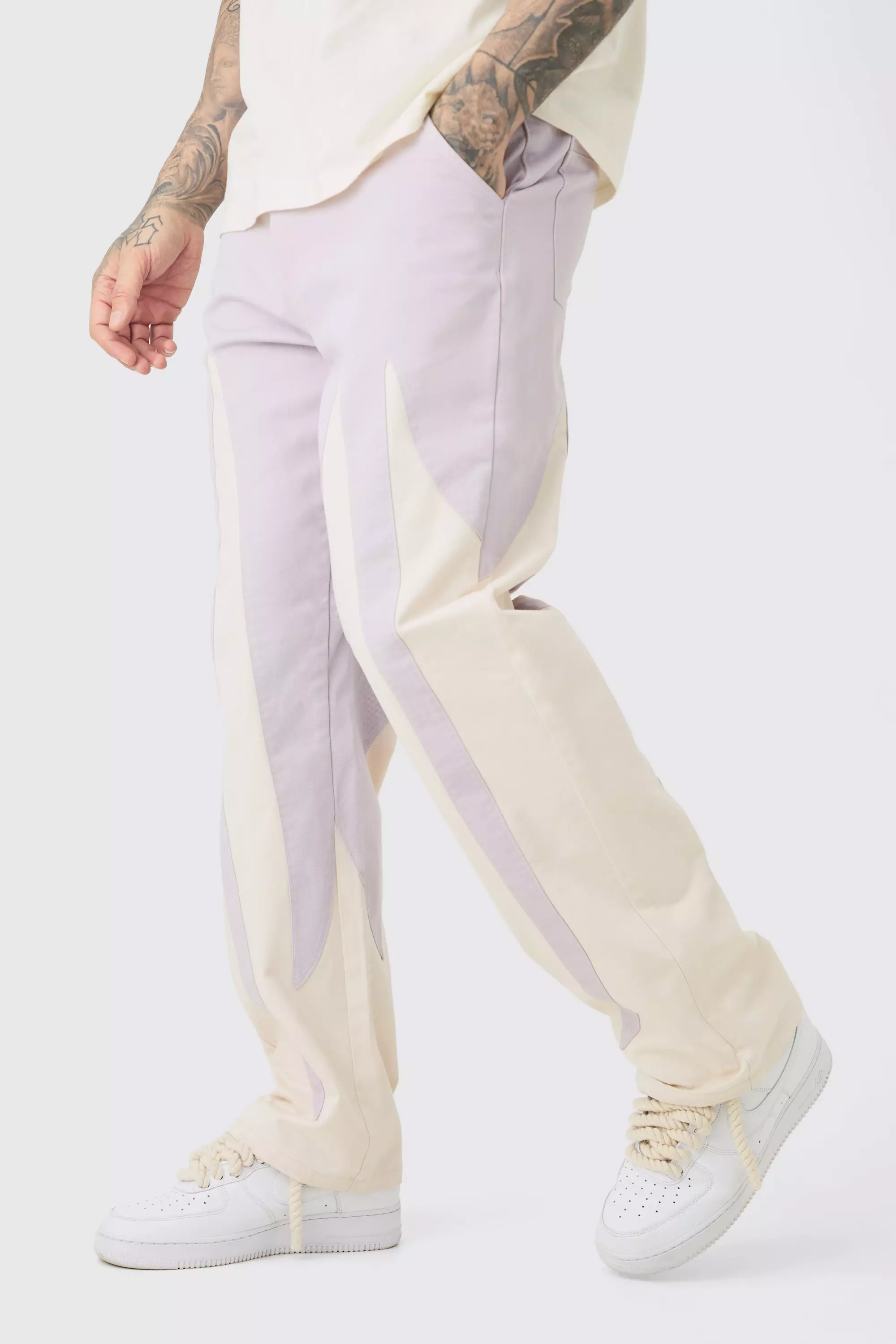 Lilac Purple Tall Fixed Waist Washed Colour Block Twill Trouser