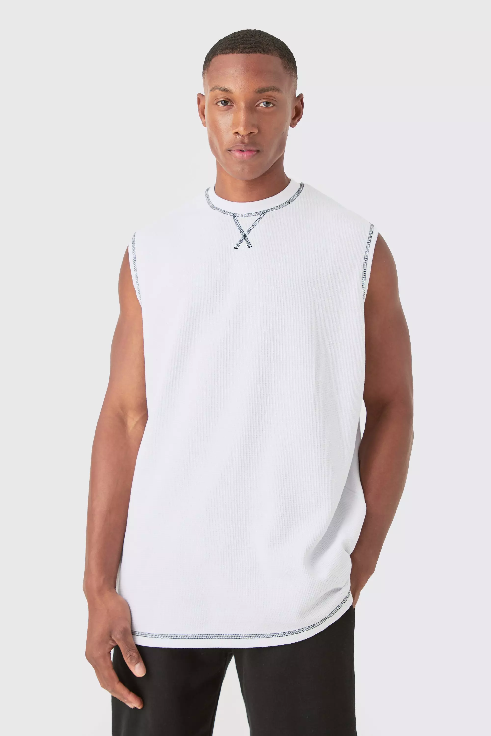 Oversized Contrast Waffle Tank White