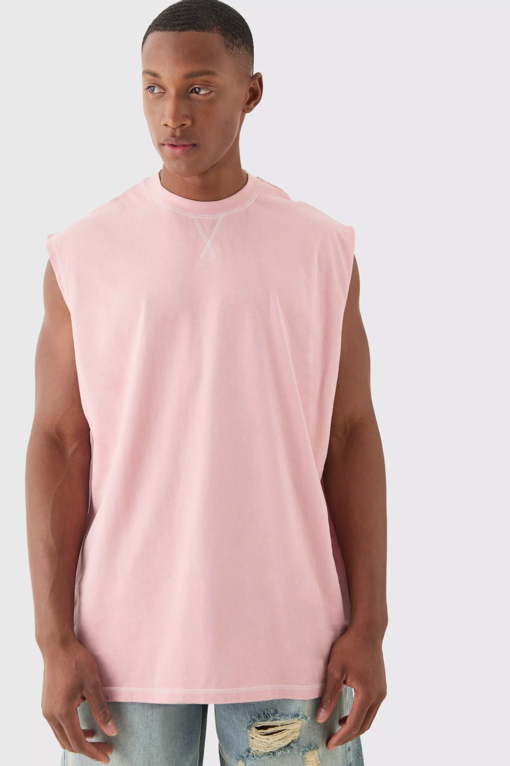 Oversized Contrast Stitch Tank Pink