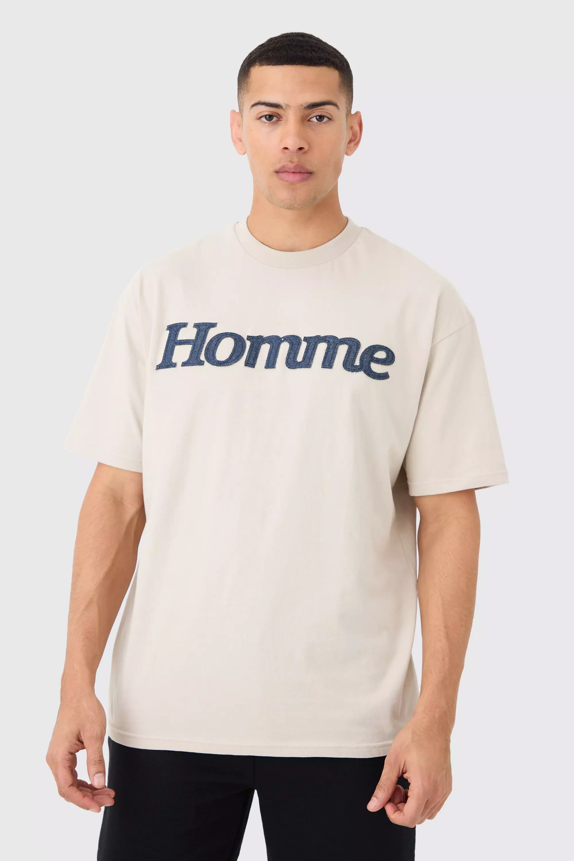 Stone Beige Oversized Denim Applique T-shirt