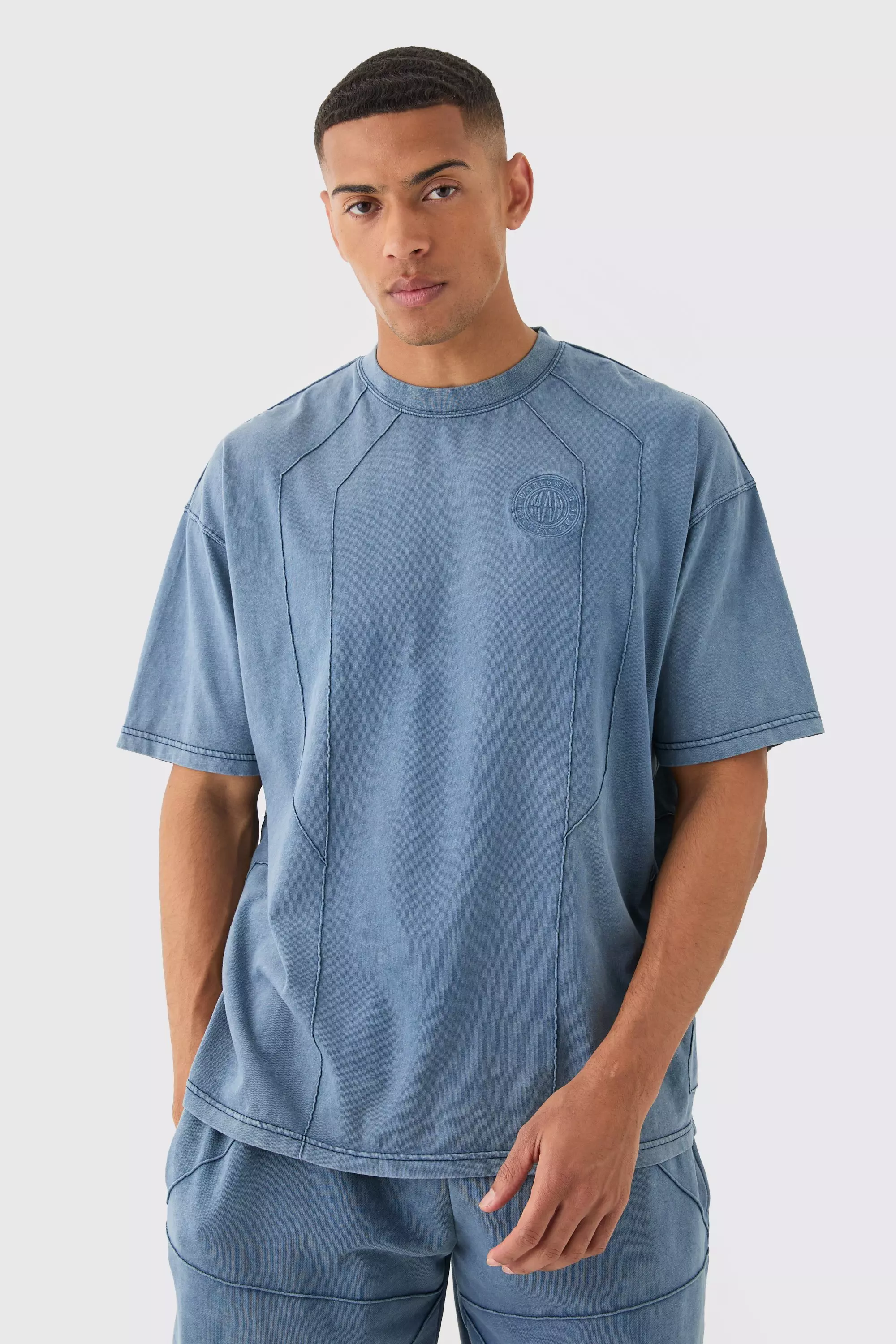 Blue Man Oversized Wash Pintuck Embroidered T-shirt