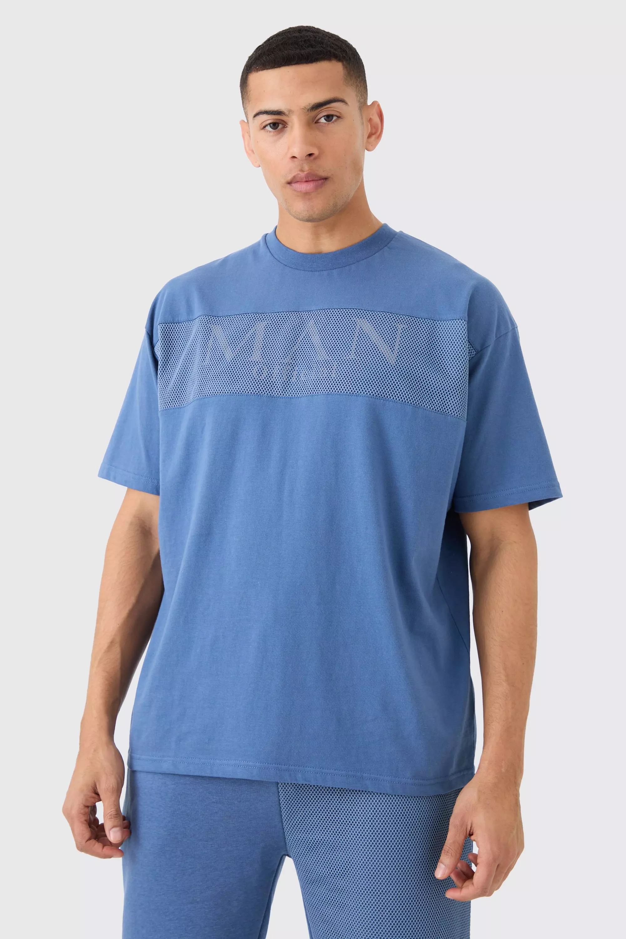 Oversized Man Official Mesh Layer T-shirt Blue