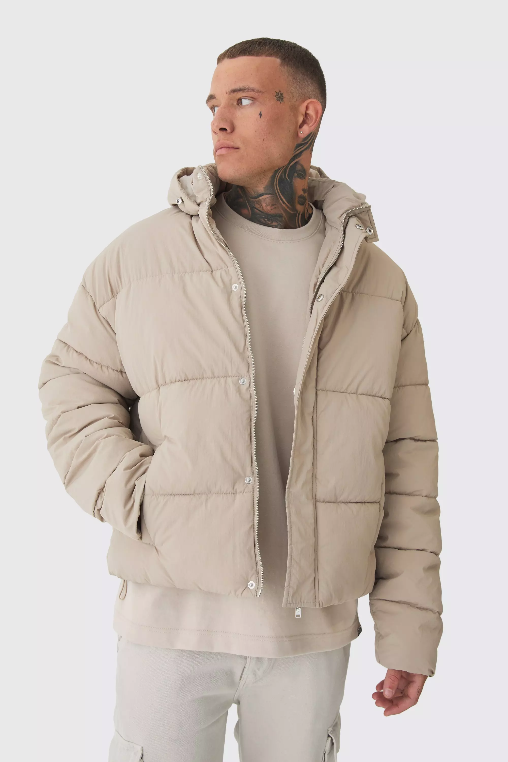 Tall Boxy Crinkle Nylon Puffer Jacket In Sand Sand