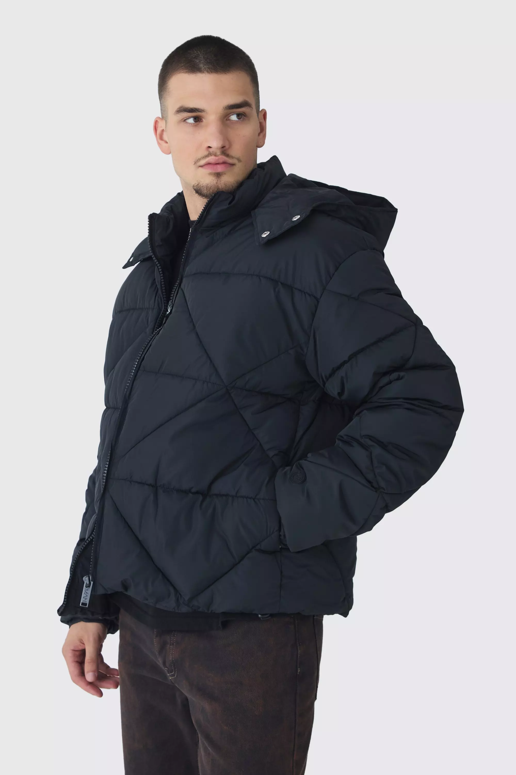 Tall Abstract Quilted Puffer Jacket In Black Black