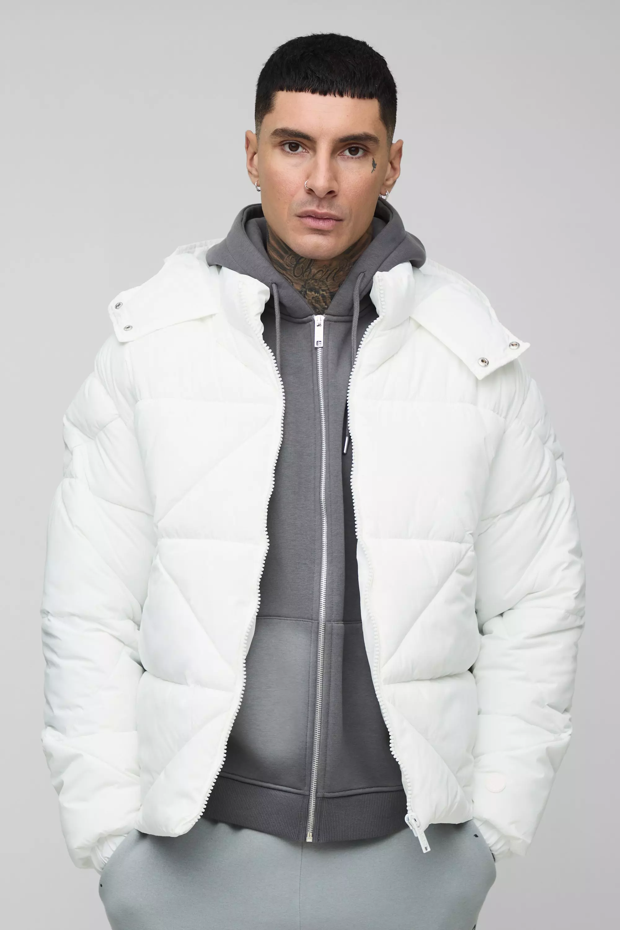 Tall Abstract Quilted Puffer Jacket In White White