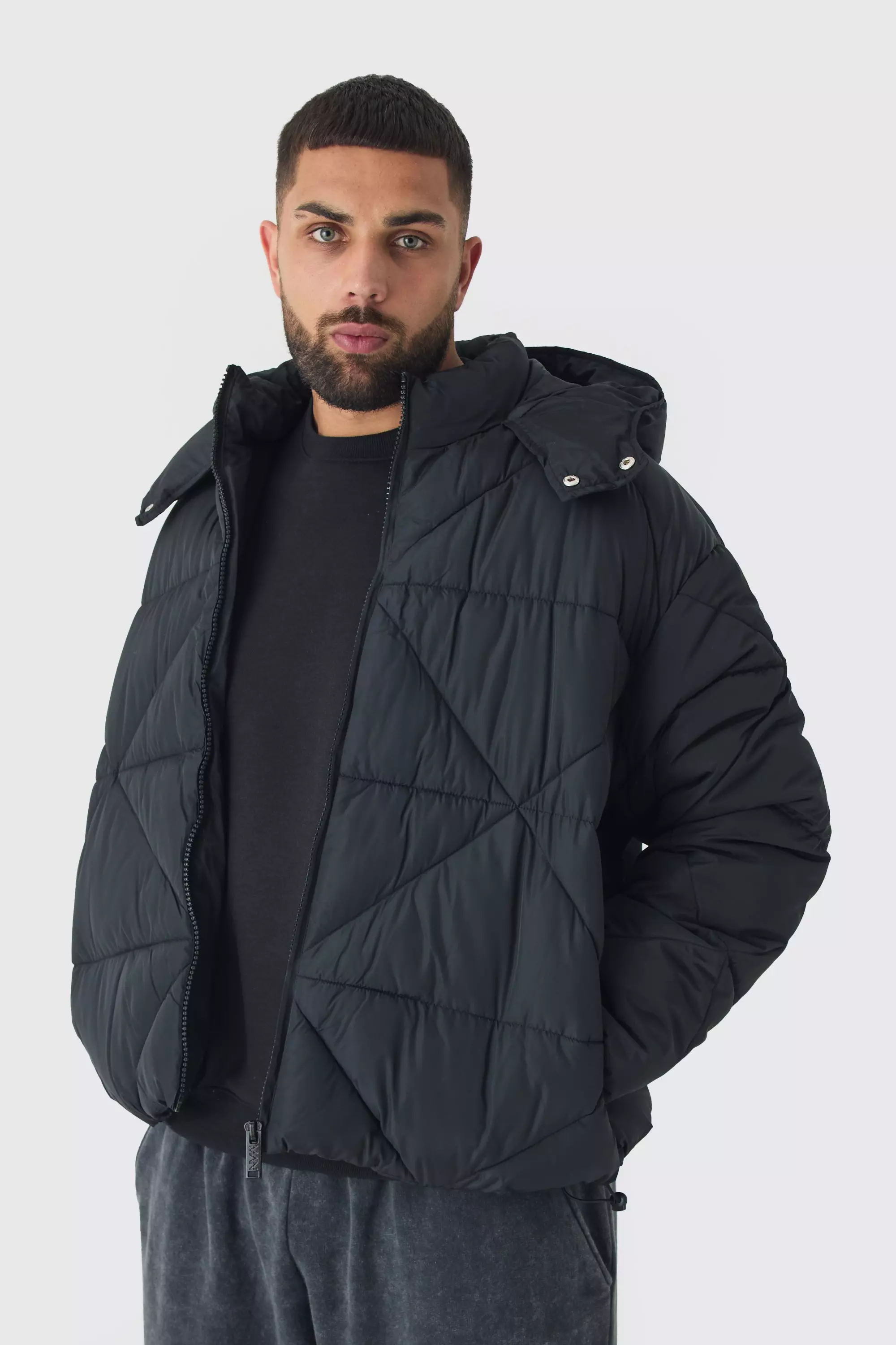 Plus Abstract Quilted Puffer Jacket In Black Black