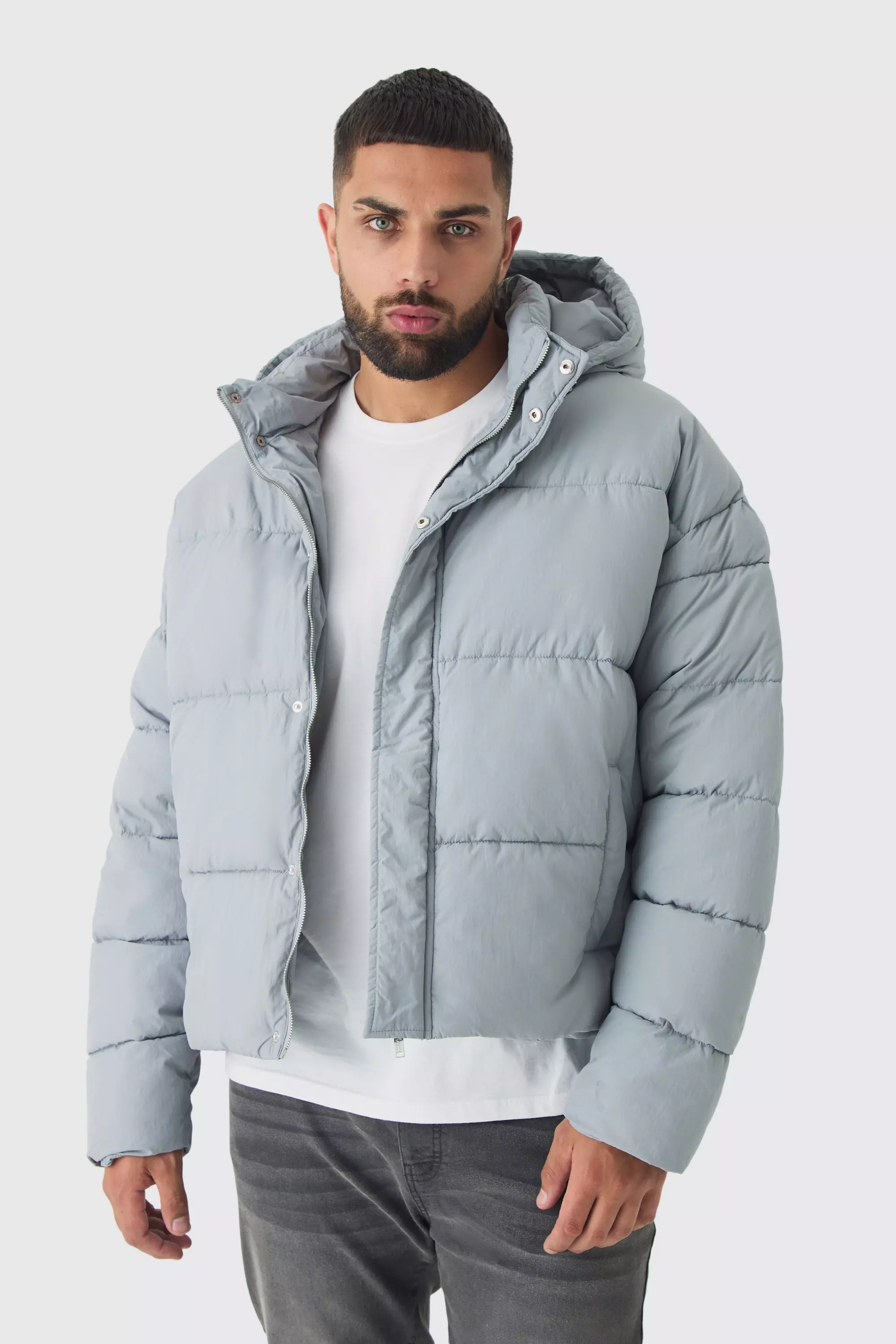 Plus Boxy Crinkle Nylon Puffer Jacket In Light Grey Light grey