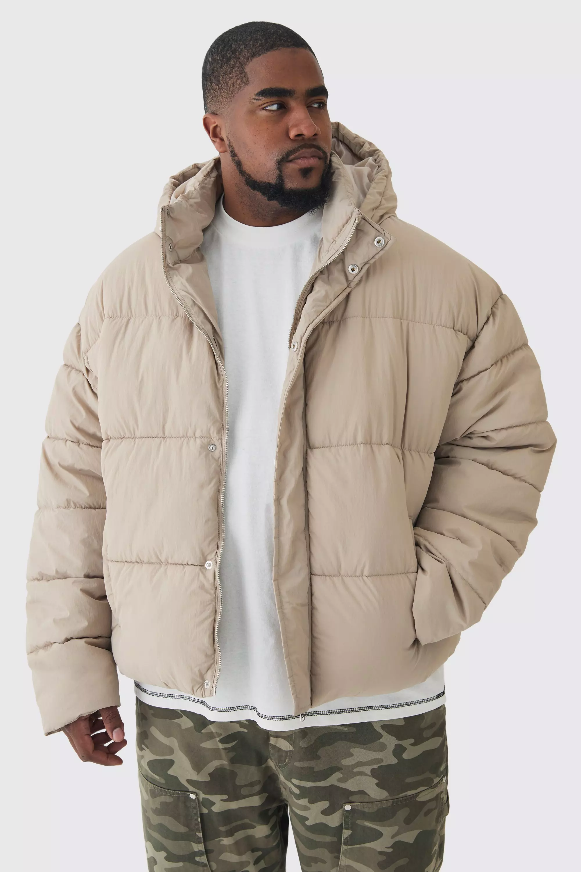 Plus Boxy Crinkle Nylon Puffer Jacket In Sand Sand