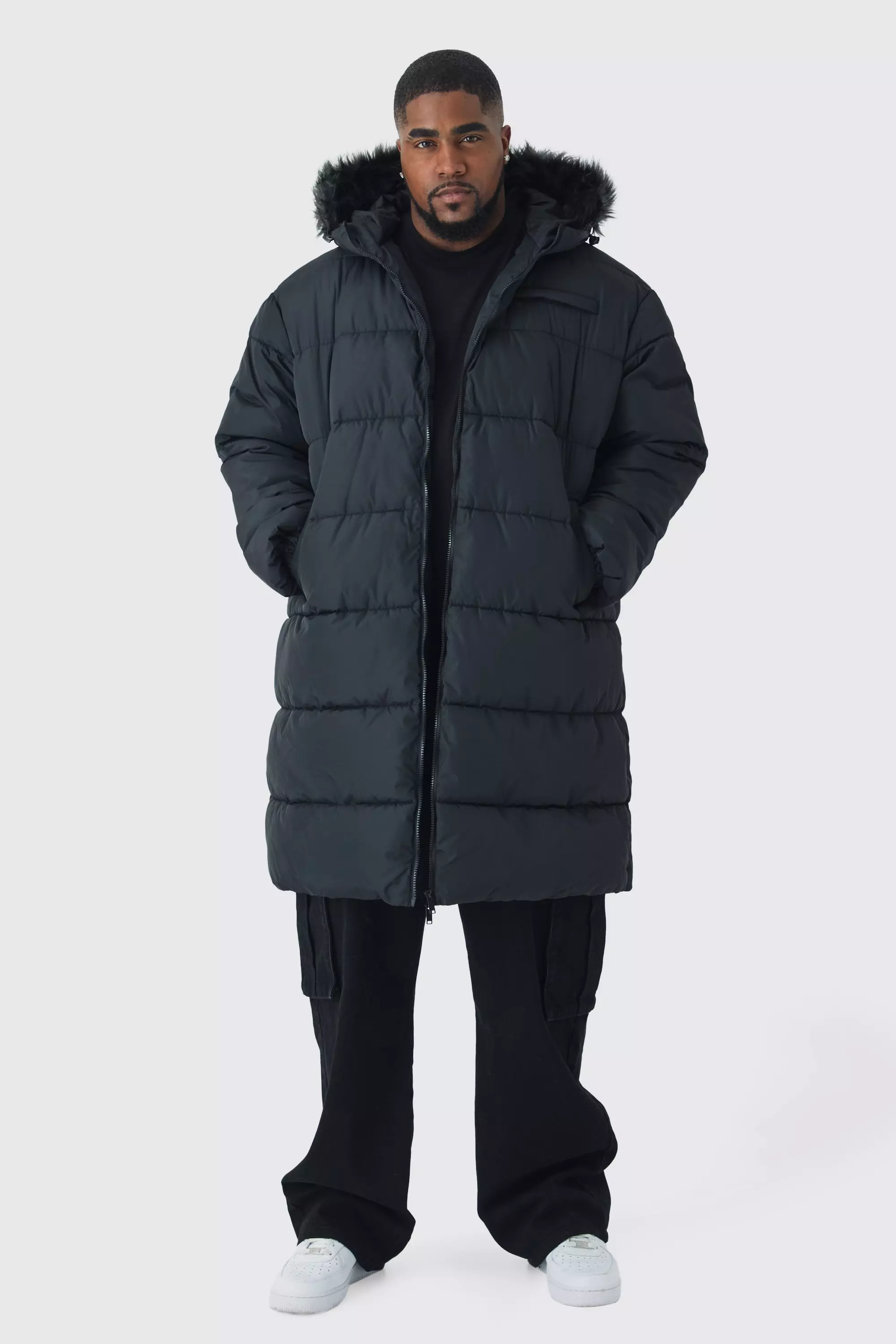 Plus Longline Faux Fur Hooded Puffer Jacket In Black boohooMAN USA