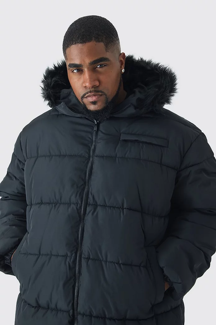 Plus Longline Faux Fur Regular Fit Hooded Puffer Jacket In Plus Longline Faux Fur Regular Fit Hooded Puffer Jacket In