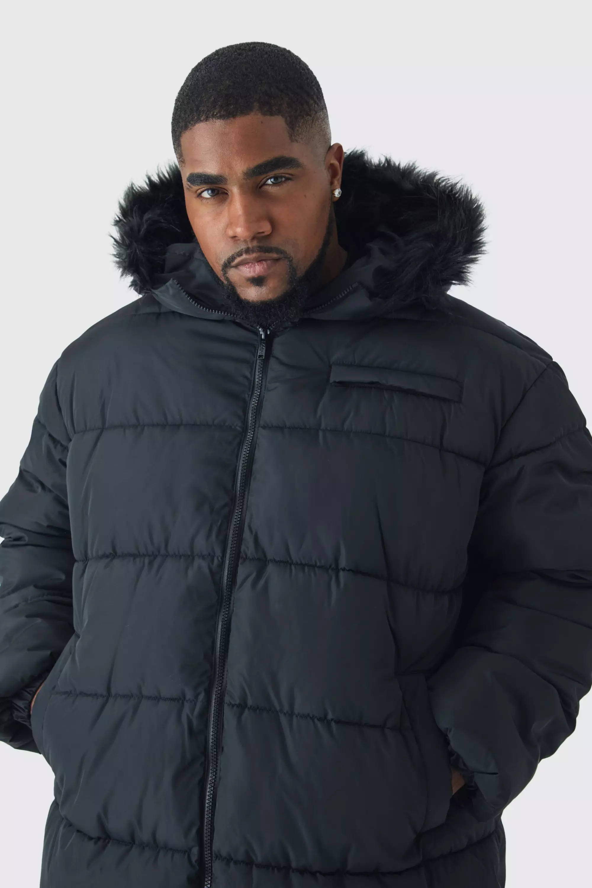 Plus Longline Faux Fur Hooded Puffer Jacket In Black boohooMAN UK