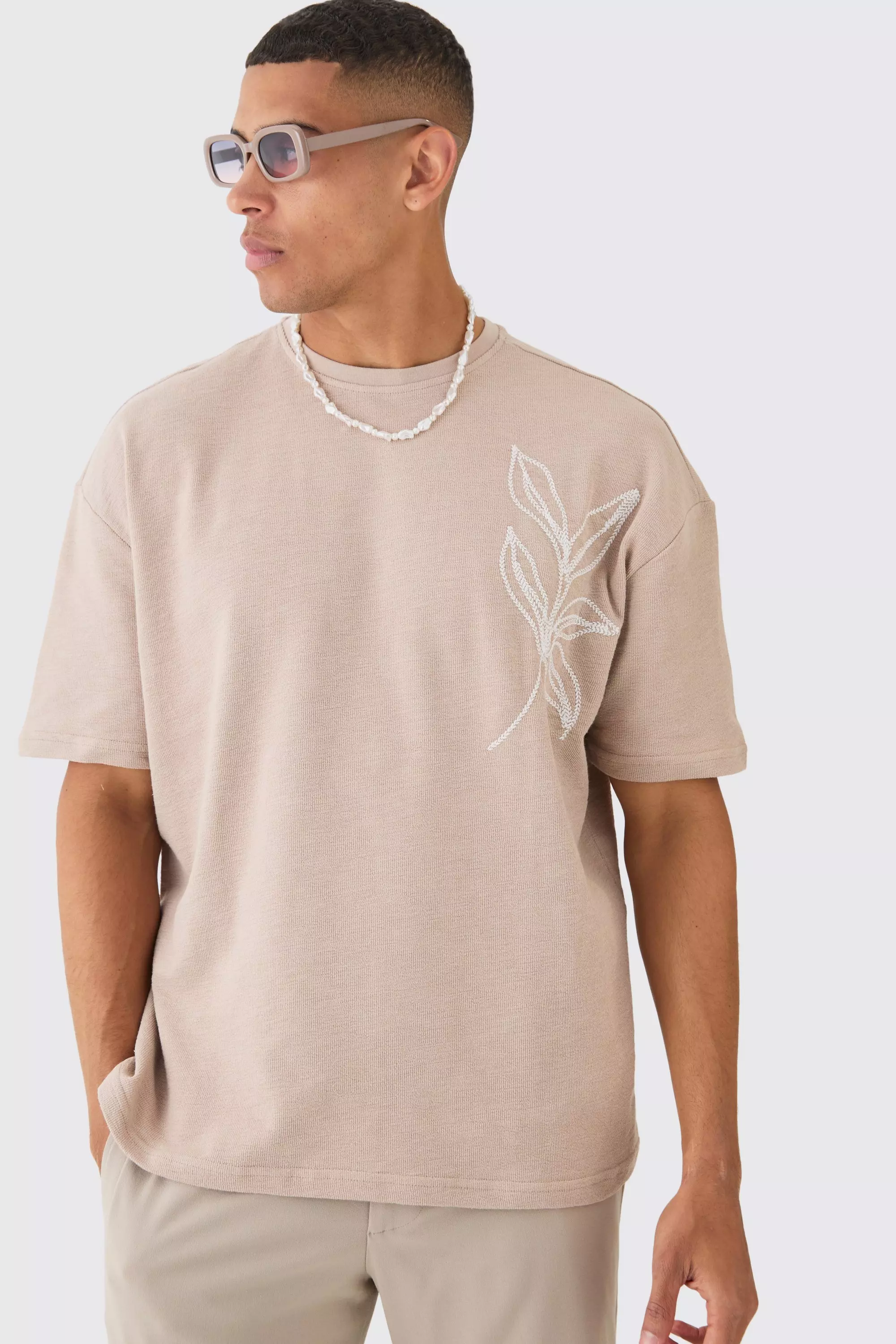 Oversized Embroidered Slub T-shirt Taupe