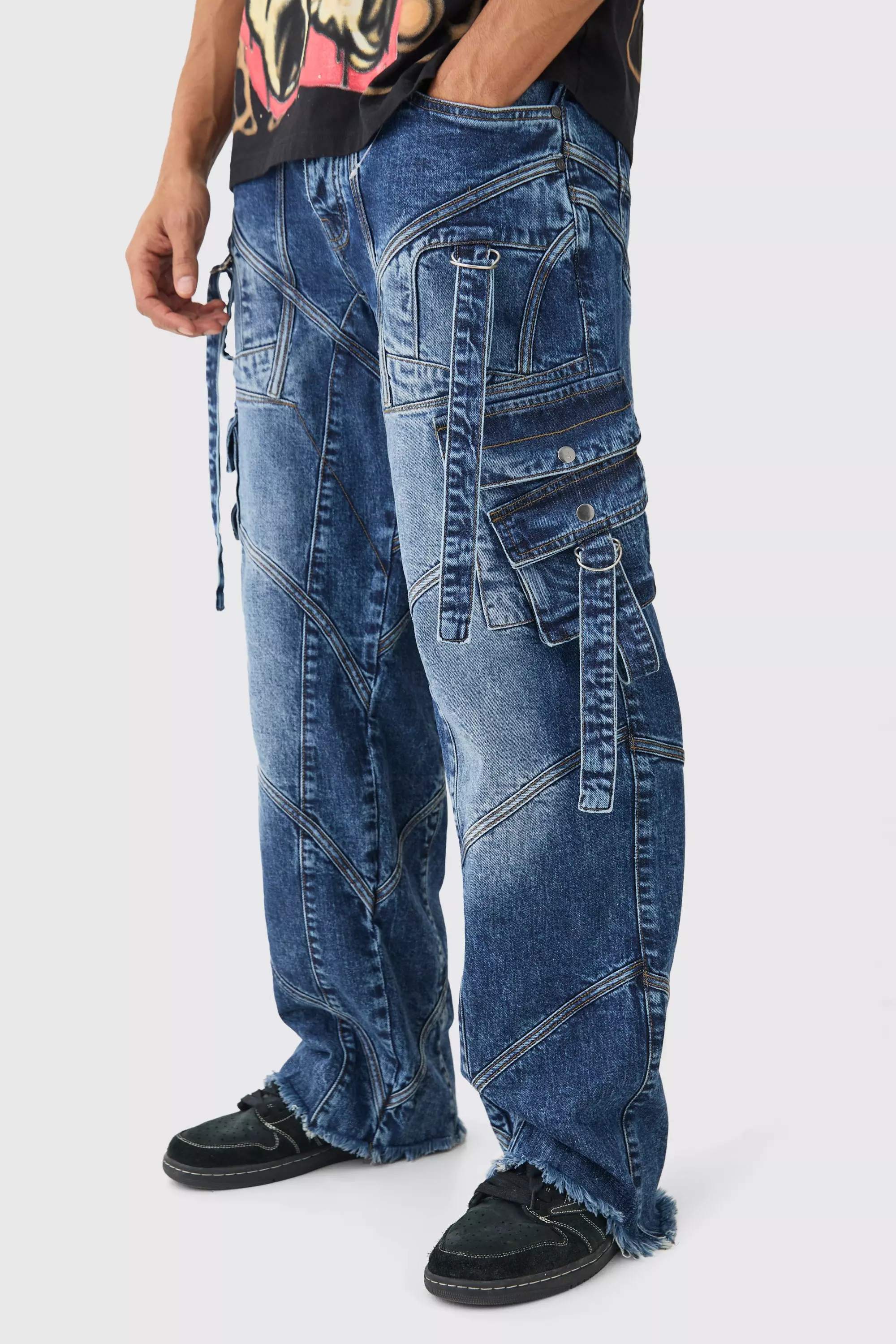 Baggy Rigid Strap And Buckle Detail Jeans In Indigo Indigo