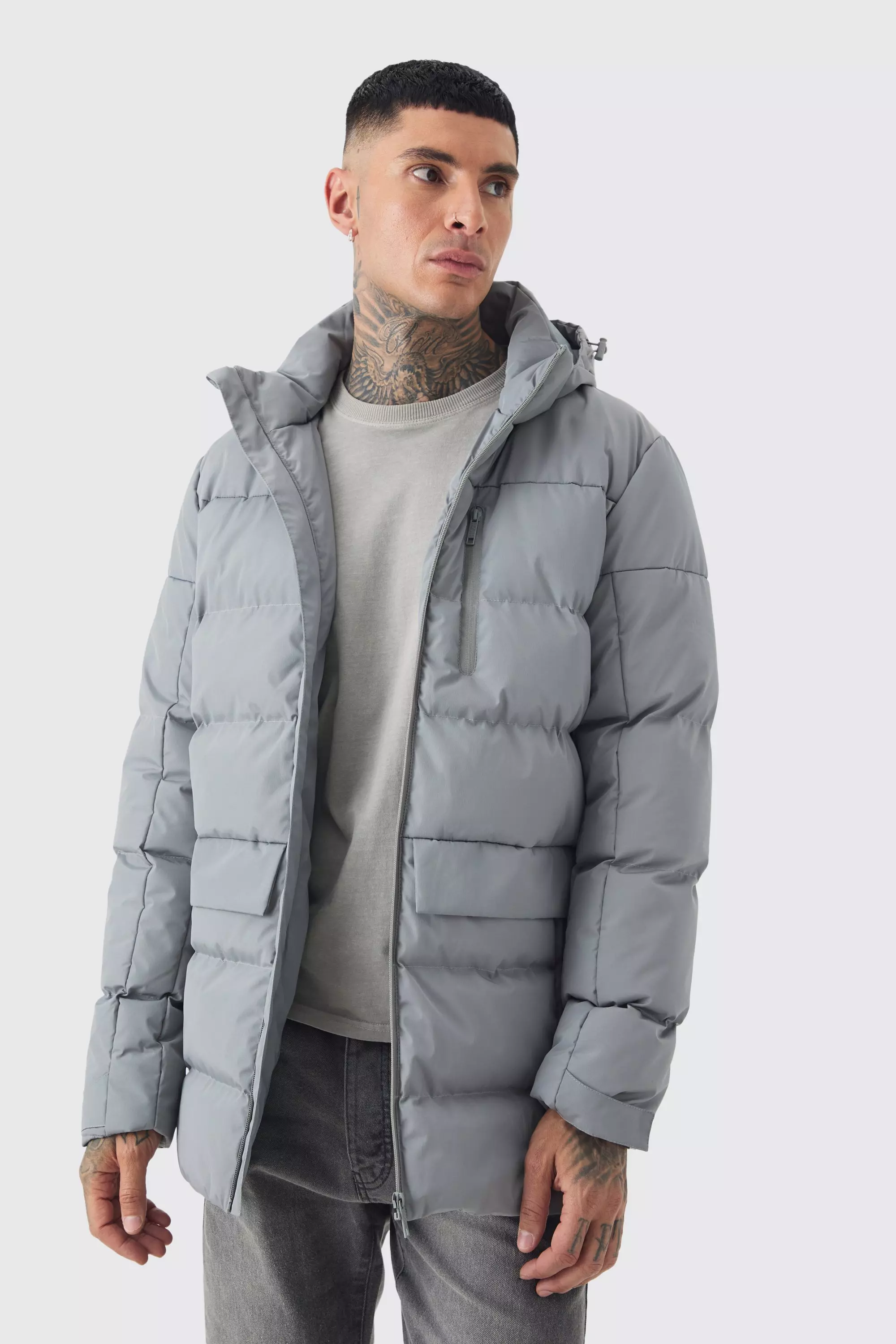 BoohooMAN Men s Tall Mid Length Hooded Puffer Jacket in Gray Casual Jackets