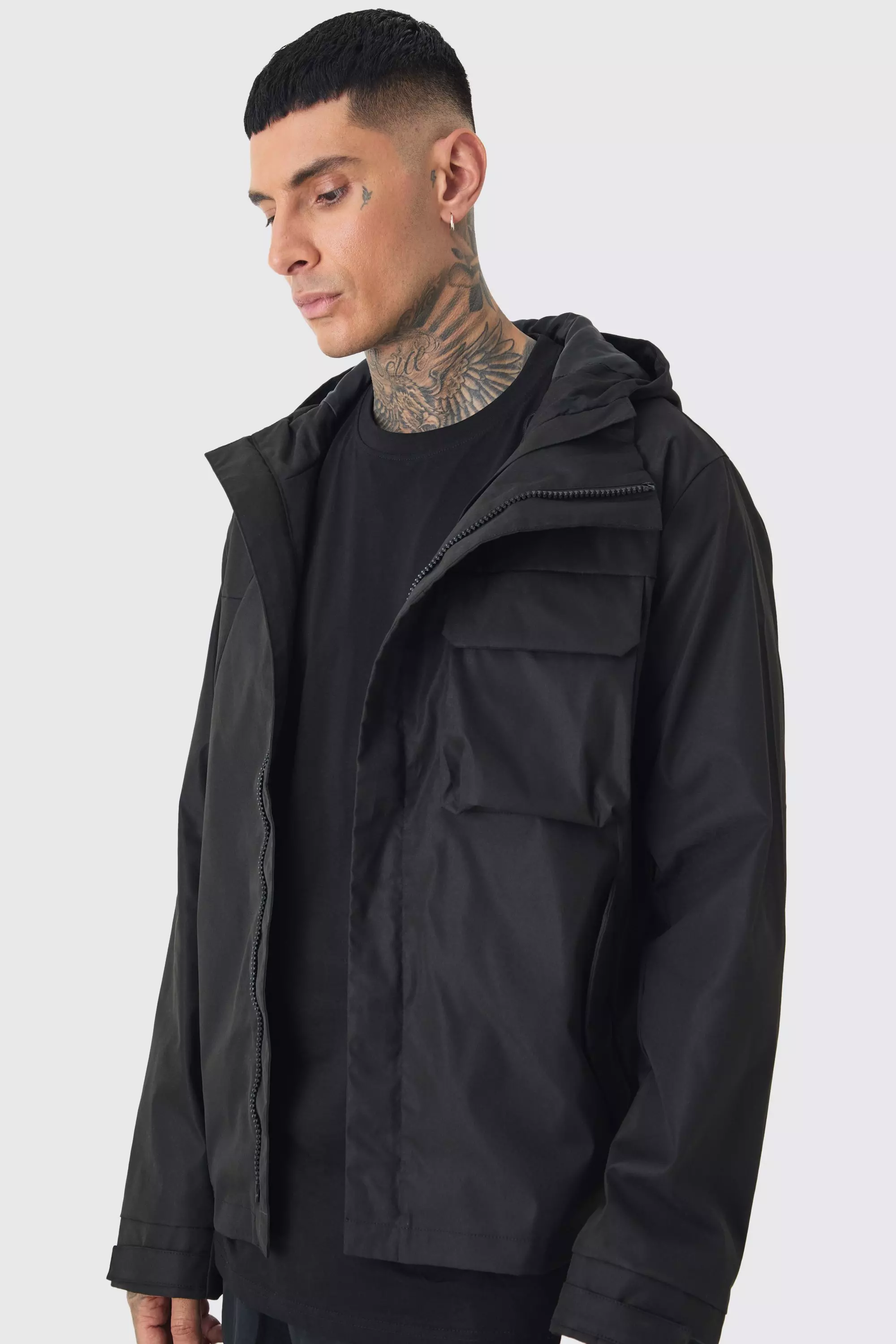 Black Tall Dunne Zwarte Parka Jas Met Capuchon alternatieve afbeelding