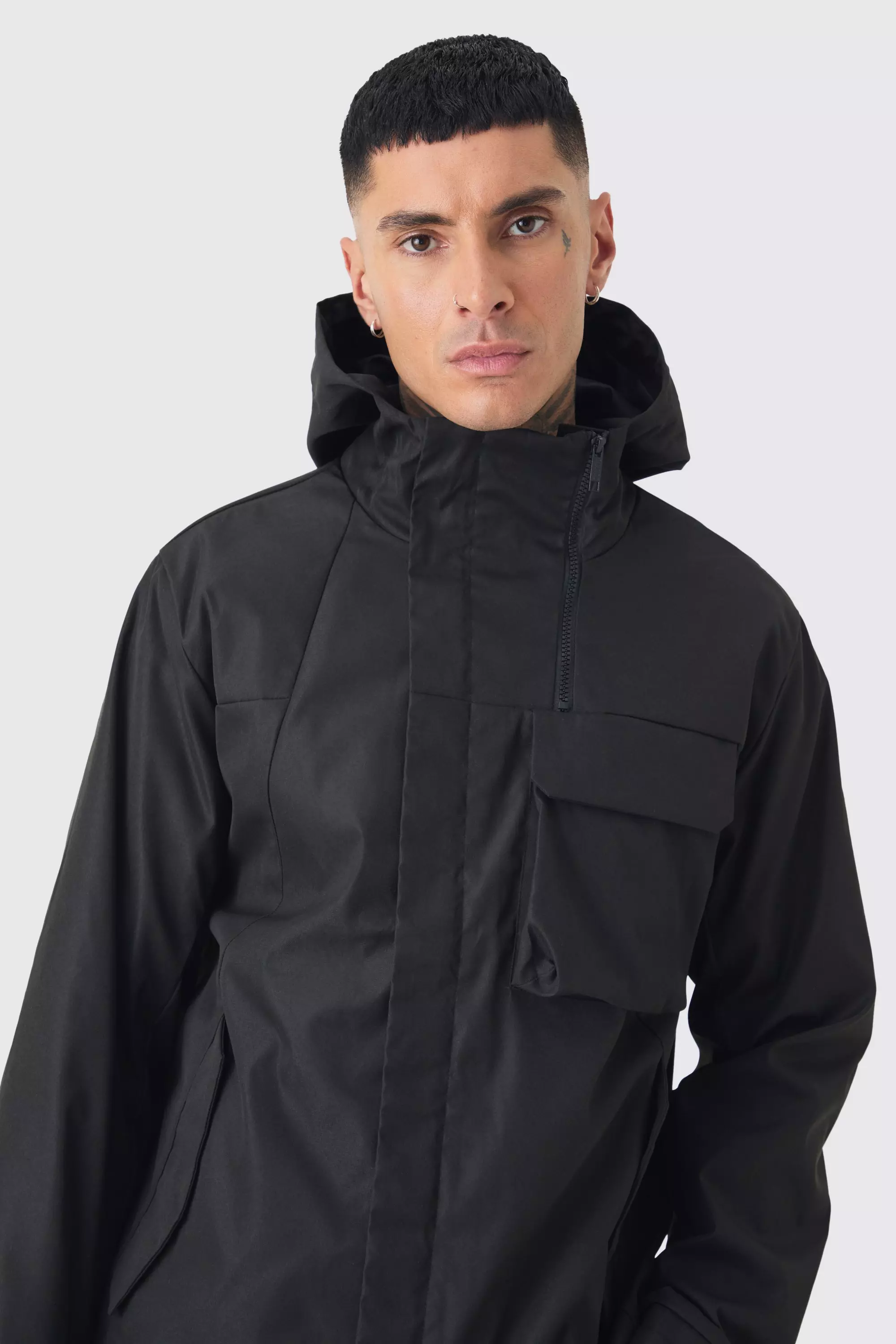 Black Tall Dunne Zwarte Parka Jas Met Capuchon alternatieve afbeelding