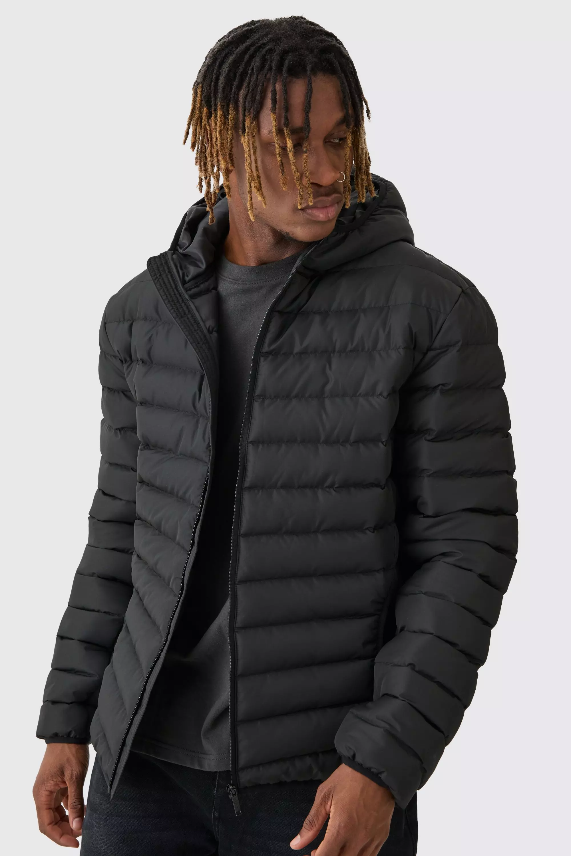 Tall Zip Through Hooded Puffer Jacket In Black boohooMAN