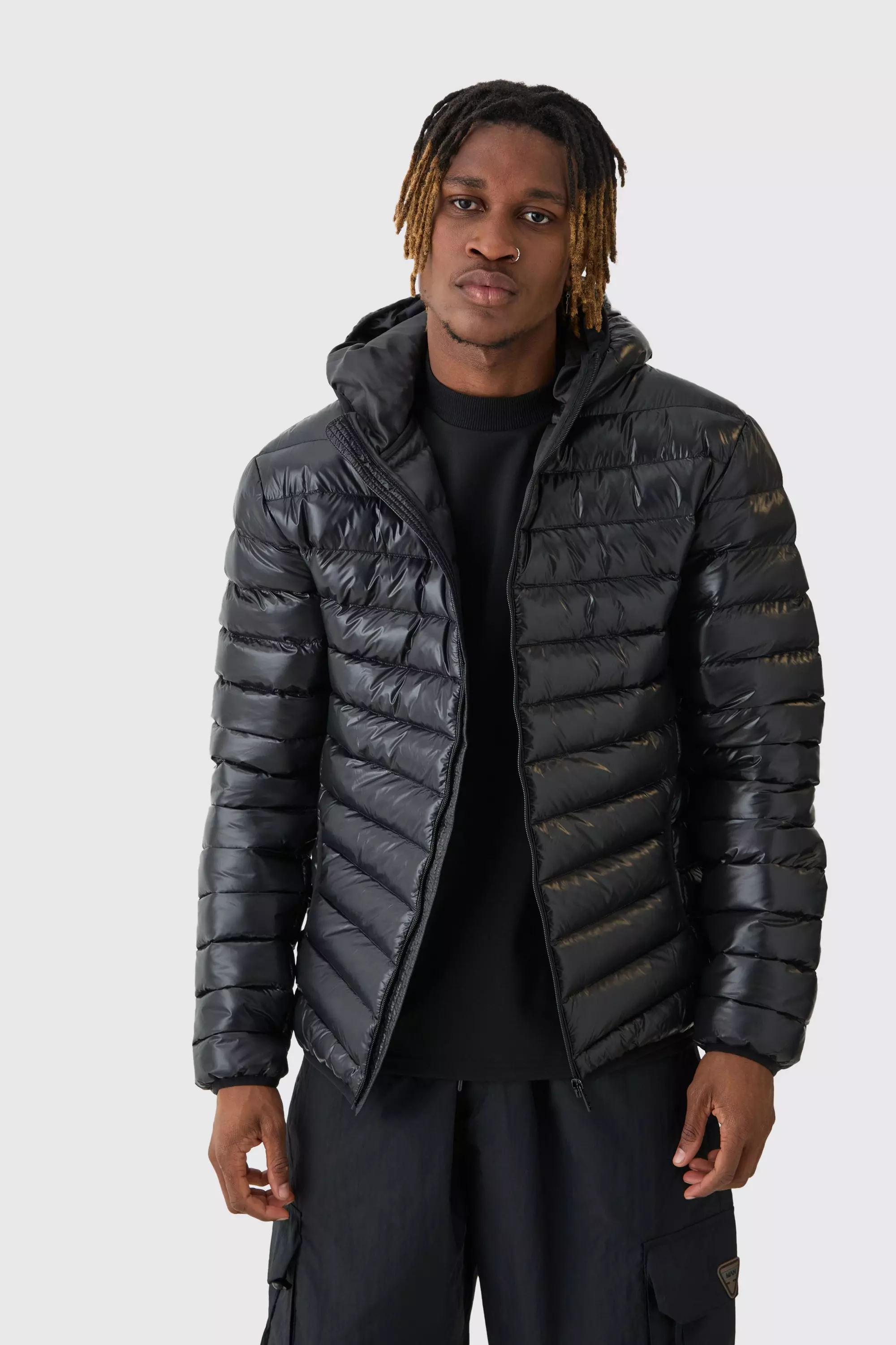 Tall High Shine Hooded Puffer Jacket In Black Black