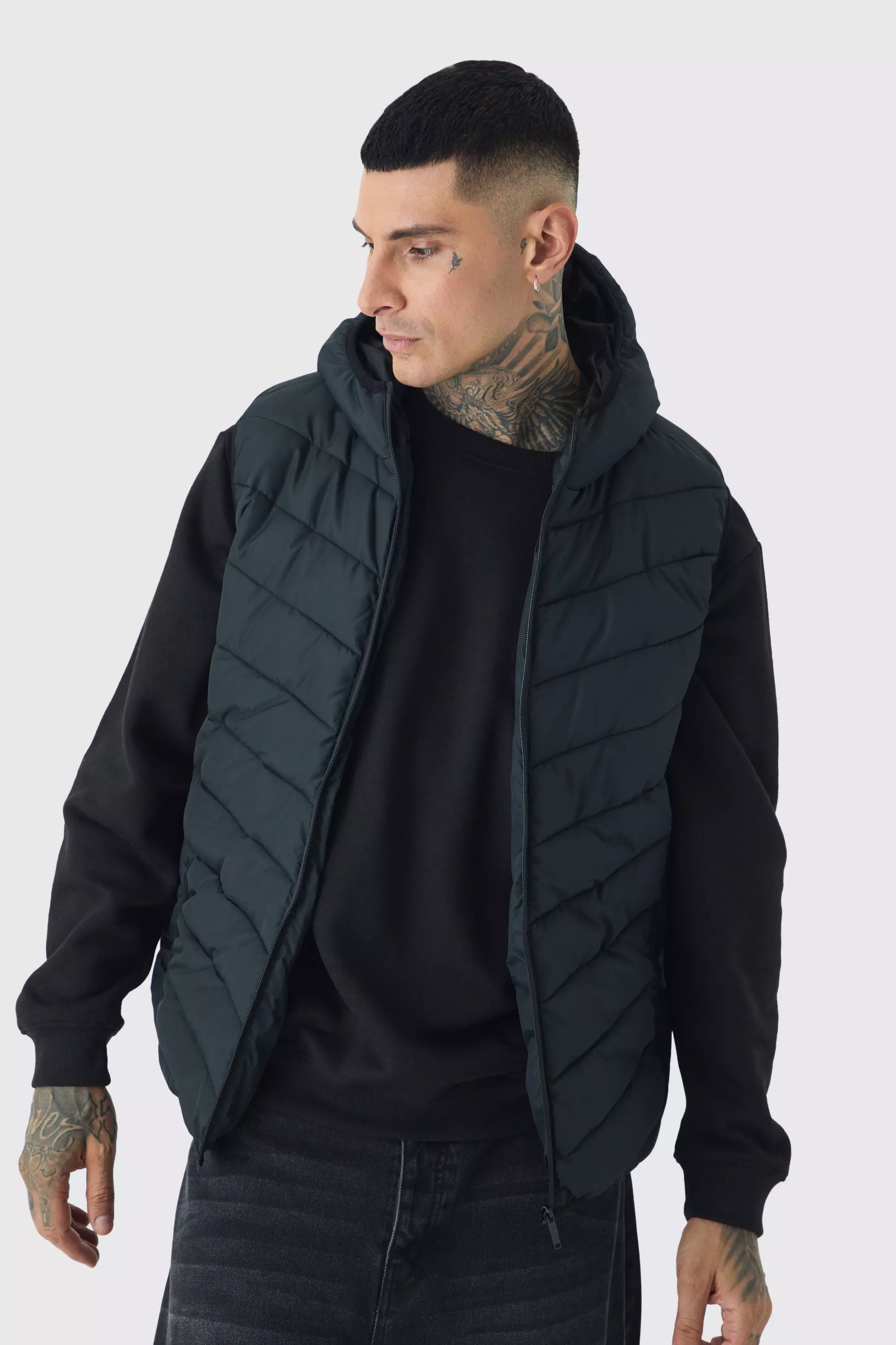 Tall Quilted Zip Through Hooded Vest In Black Black