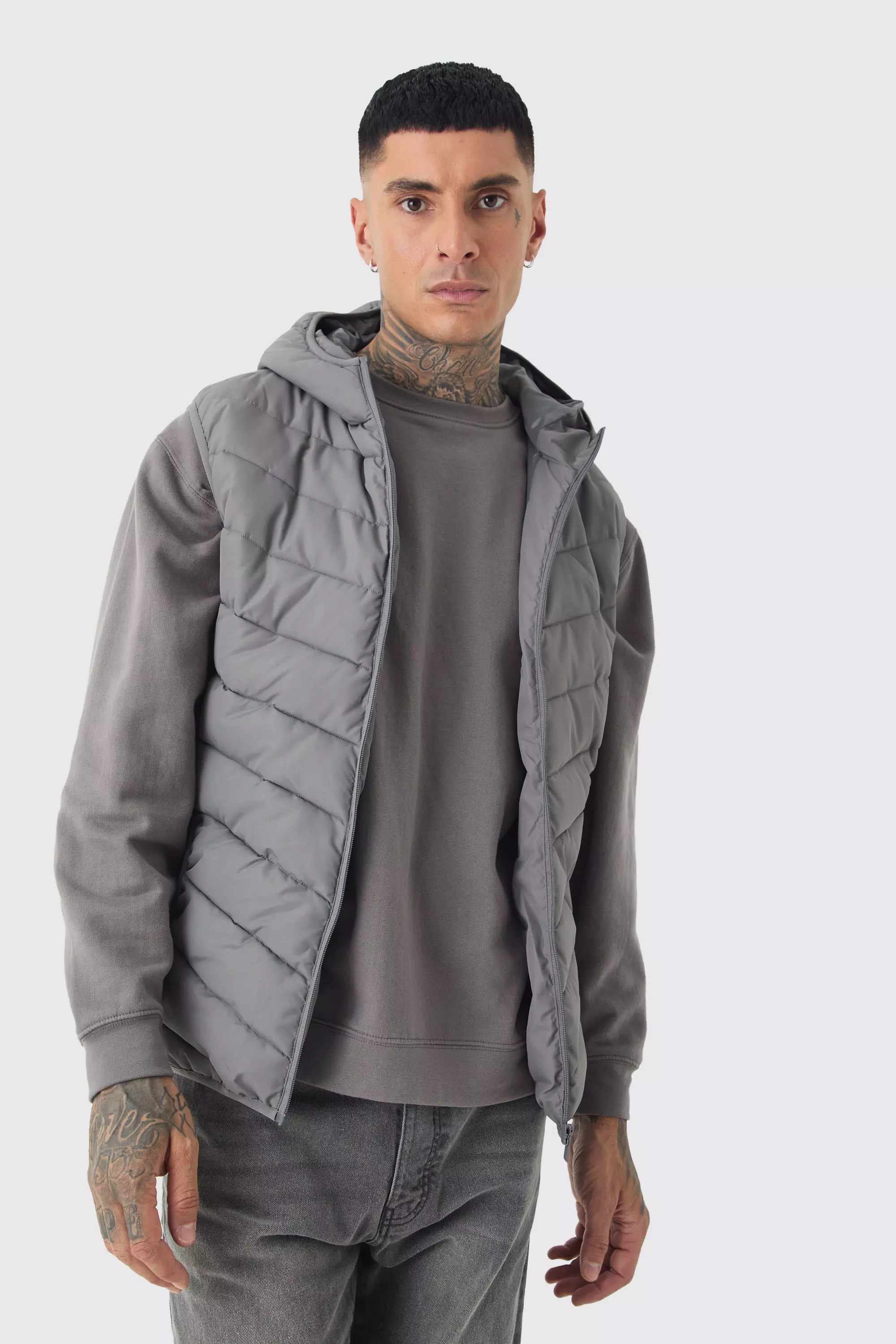 Tall Quilted Zip Through Hooded Vest In Charcoal Charcoal