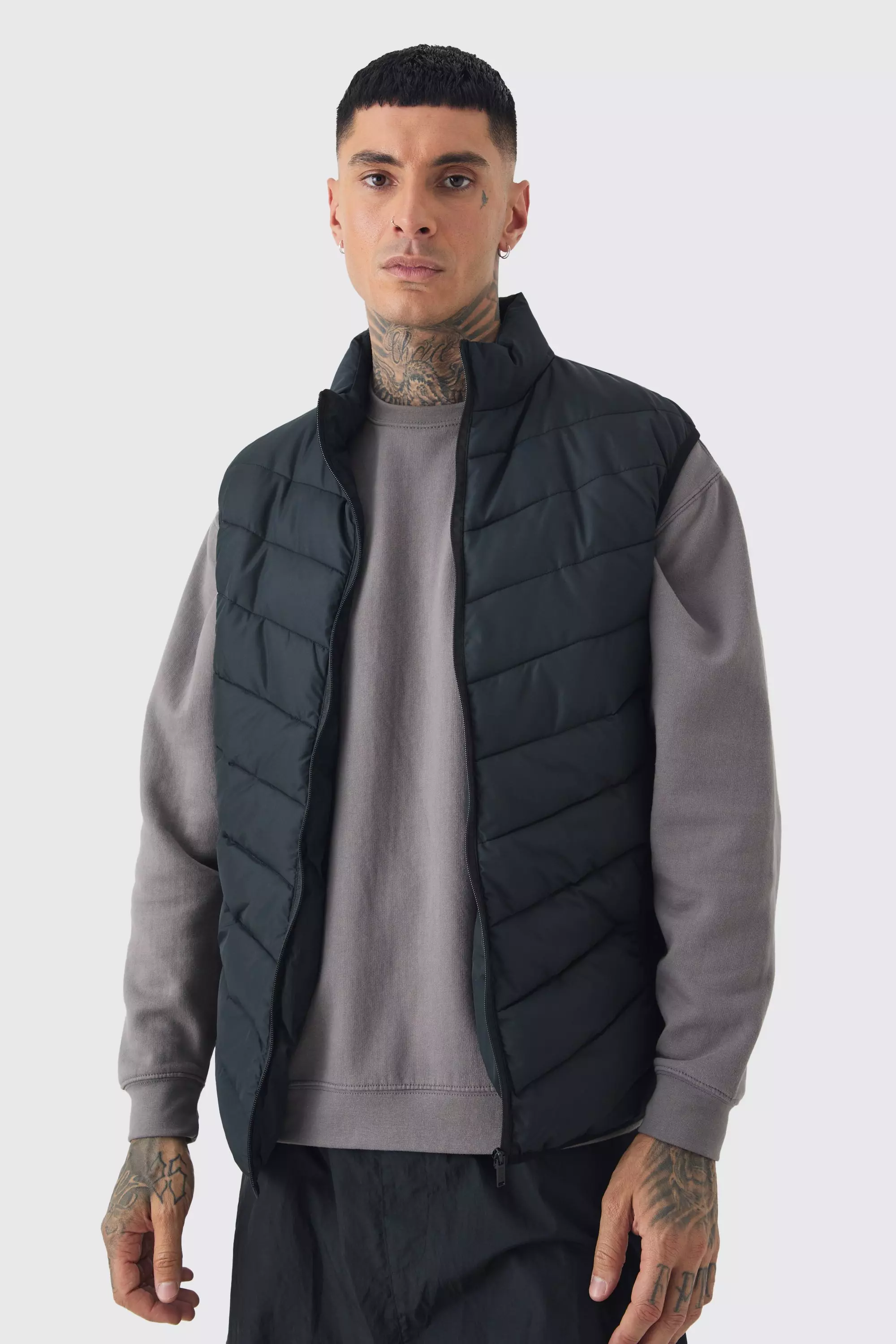 Tall Quilted Zip Through Funnel Neck Vest In Black Black