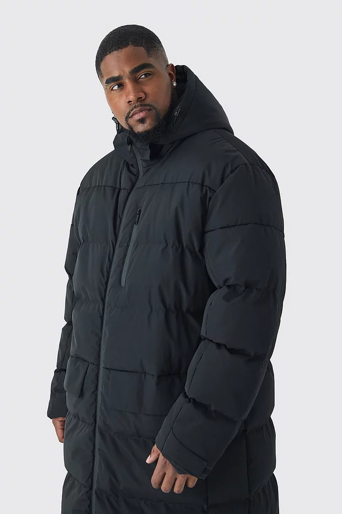 Plus Mid Length Hooded Puffer Jacket In Black | boohooMAN USA Plus Mid Length Hooded Puffer Jacket In Black | boohooMAN USA