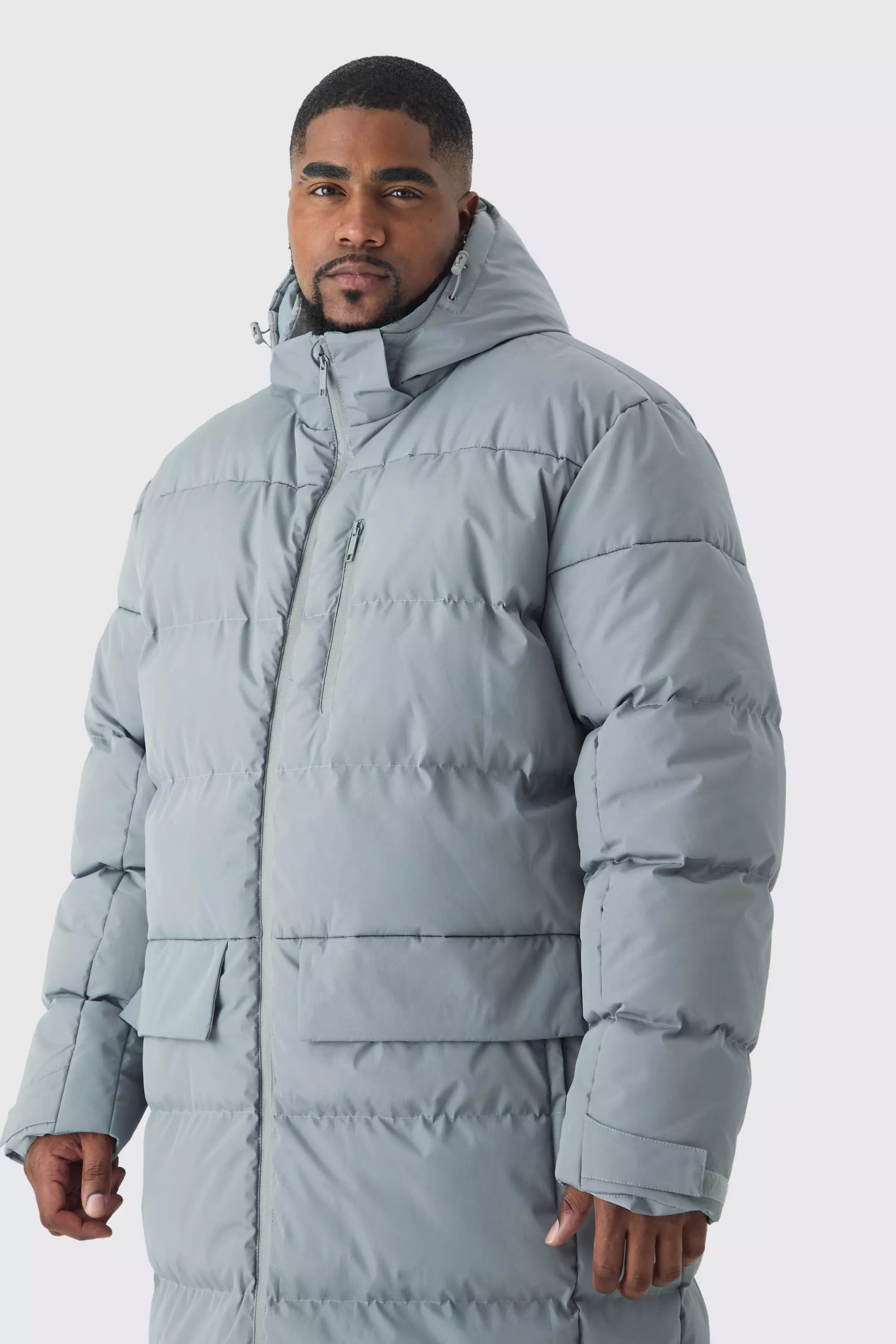 Plus Mid Length Hooded Puffer Jacket In Grey boohooMAN UK