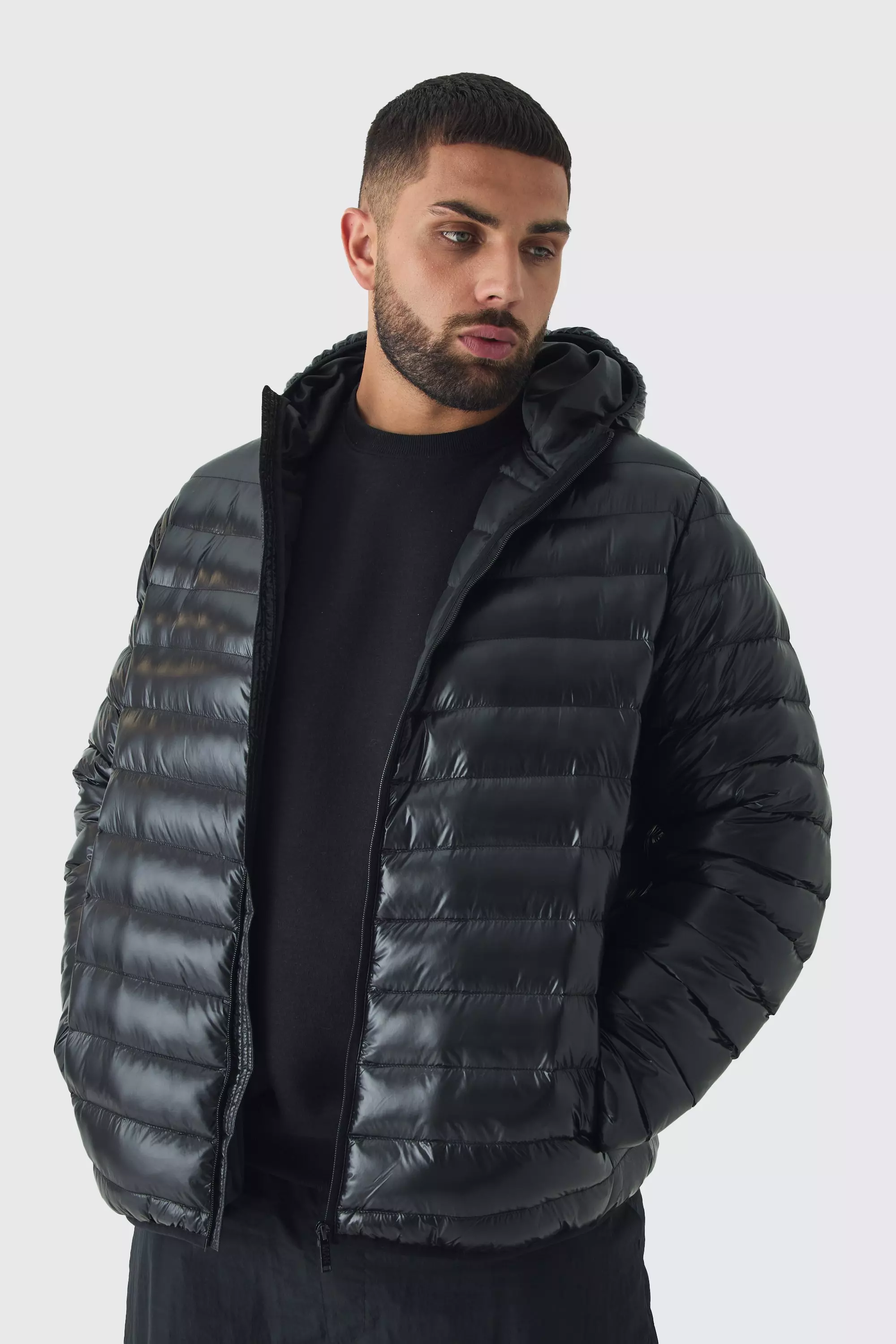 Plus High Shine Hooded Puffer Jacket In Black Black