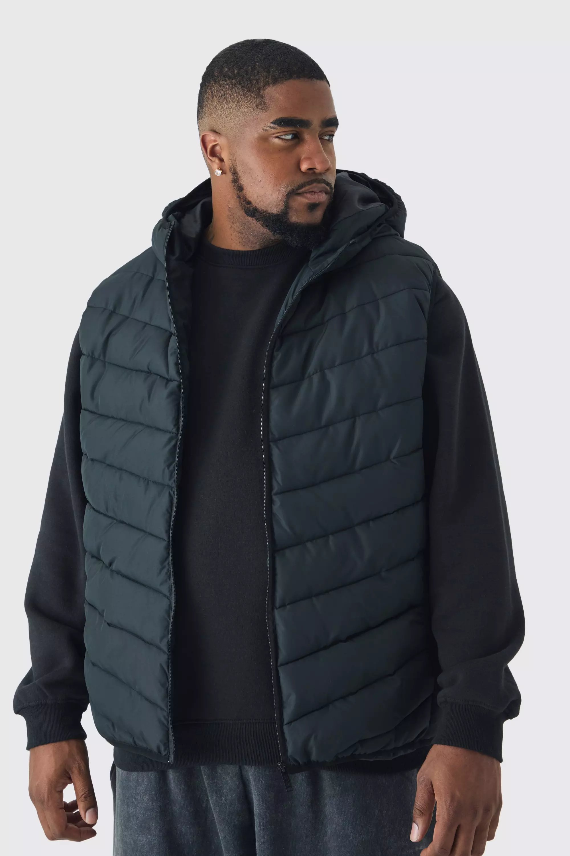 Plus Quilted Zip Through Hooded Regular Fit Vest In Black | boohooMAN USA