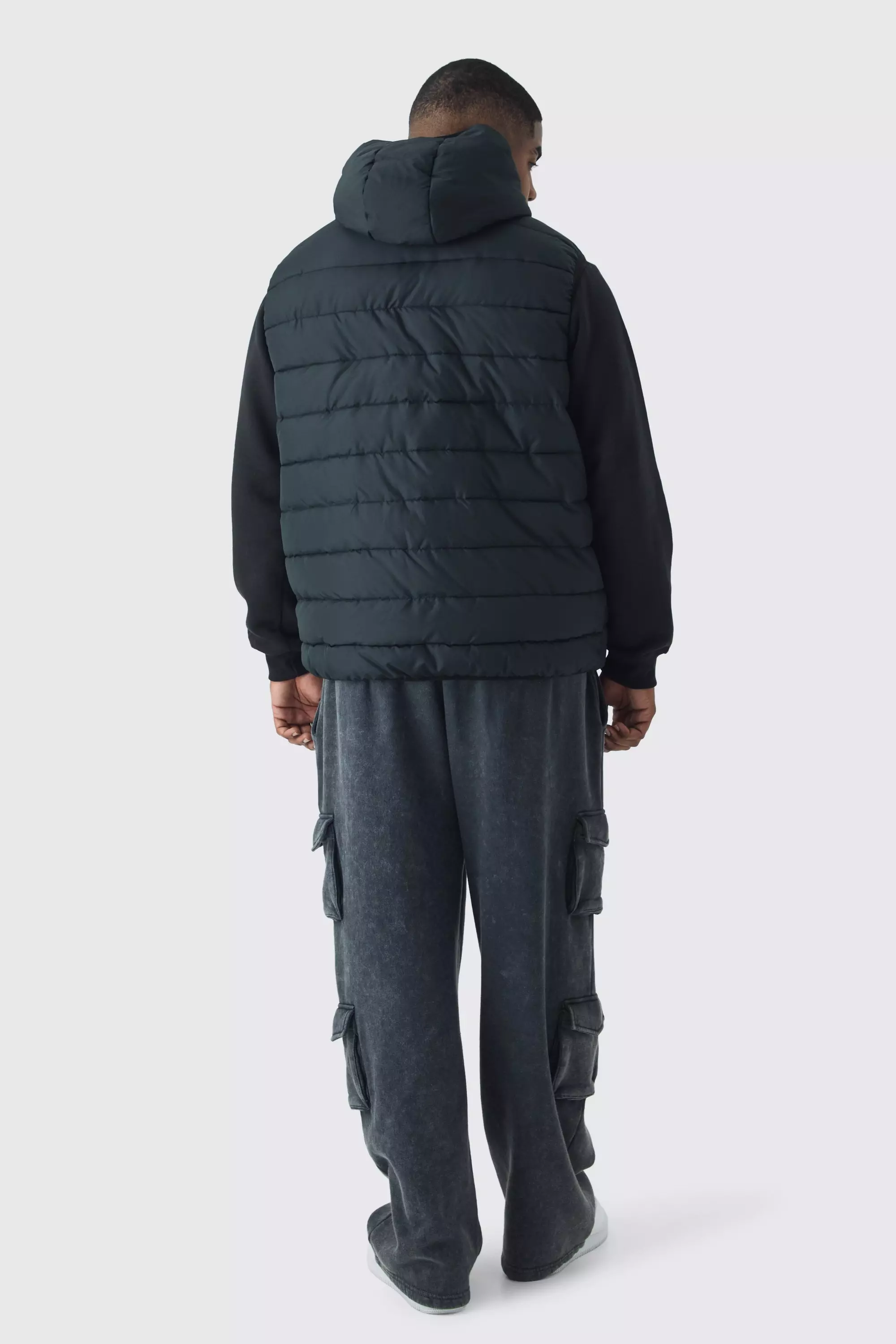 Plus Quilted Zip Through Hooded Regular Fit Vest In Black | boohooMAN USA