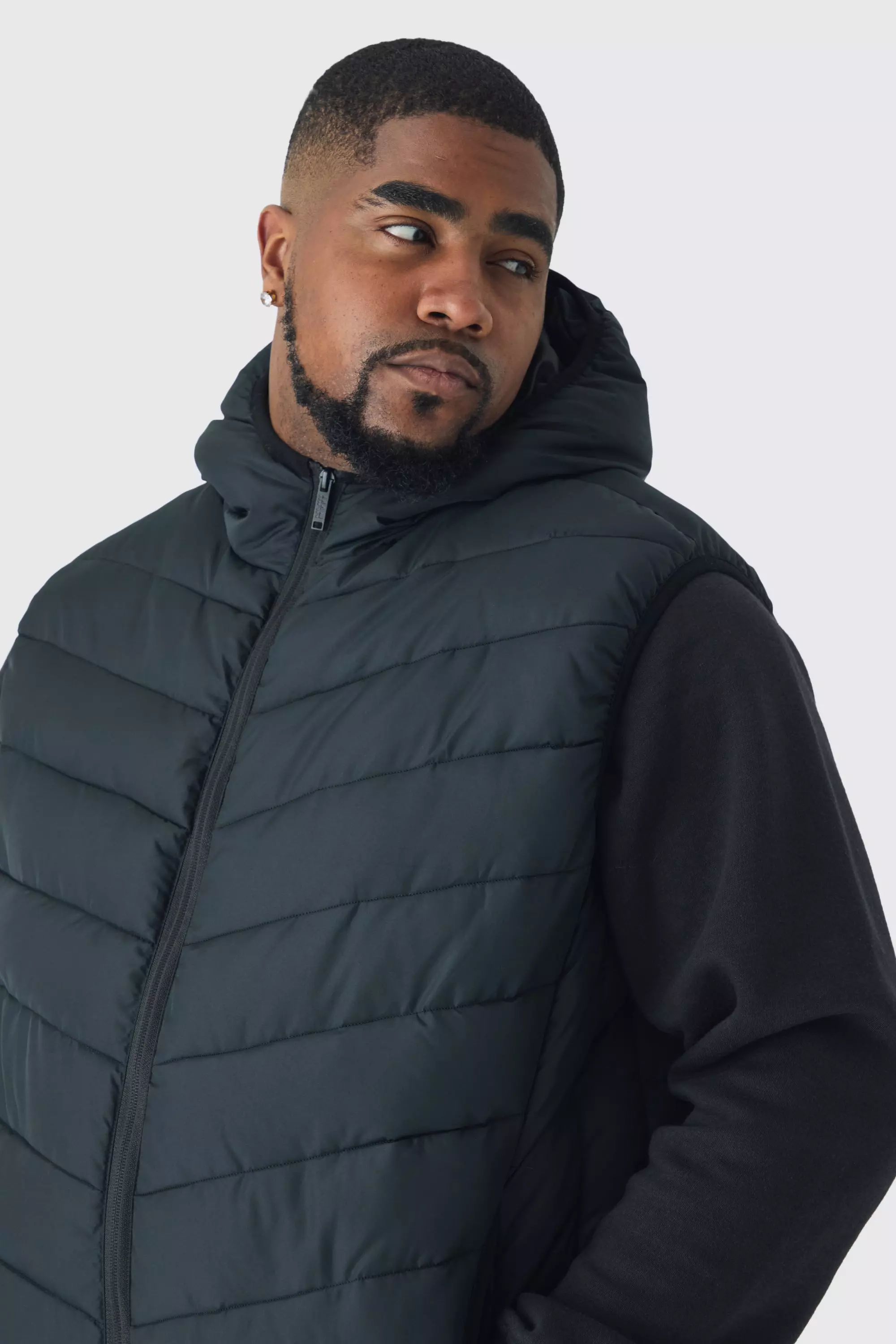 Plus Quilted Zip Through Hooded Regular Fit Vest In Black | boohooMAN USA