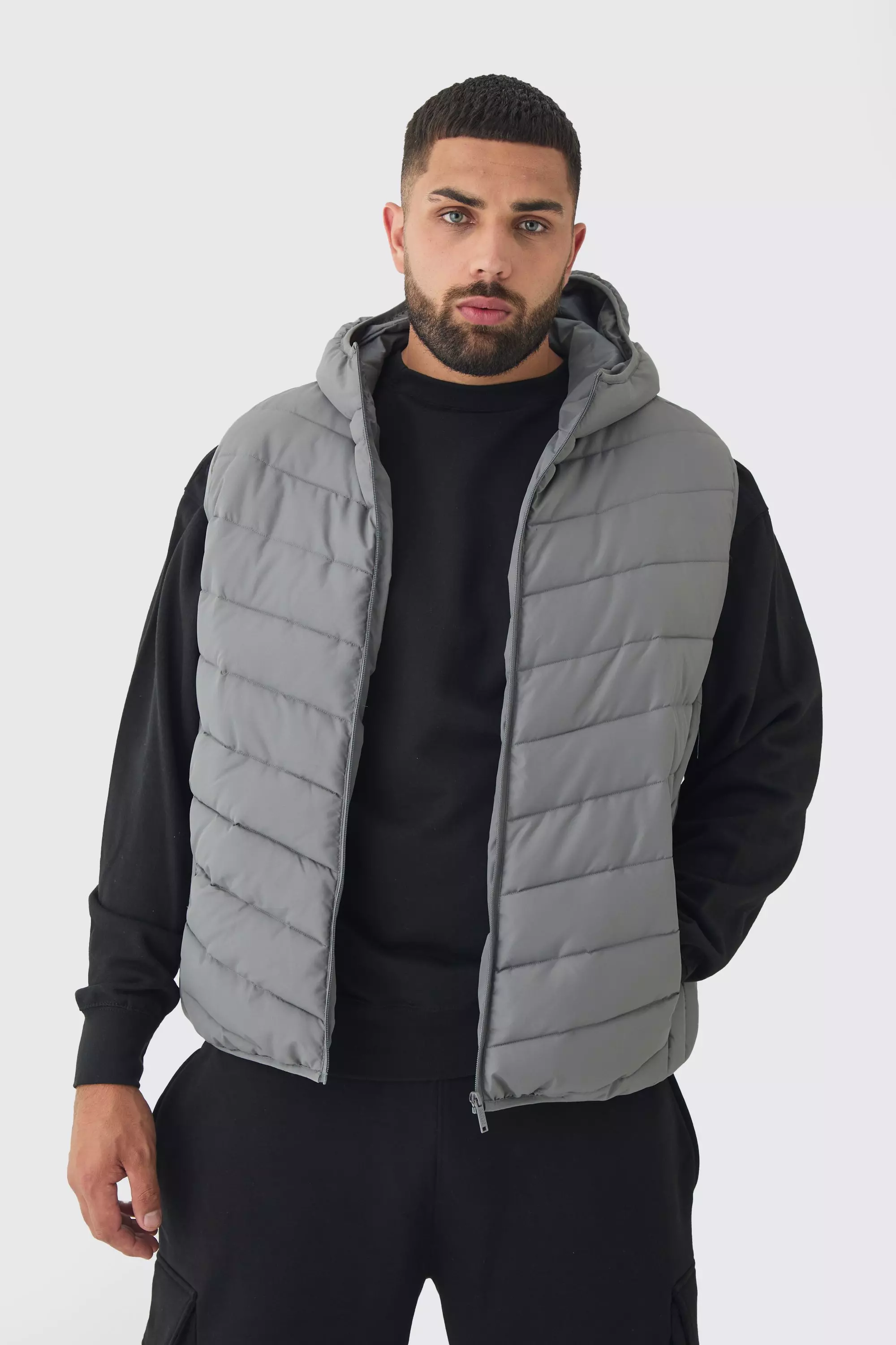 Plus Quilted Zip Through Hooded Vest In Charcoal Charcoal