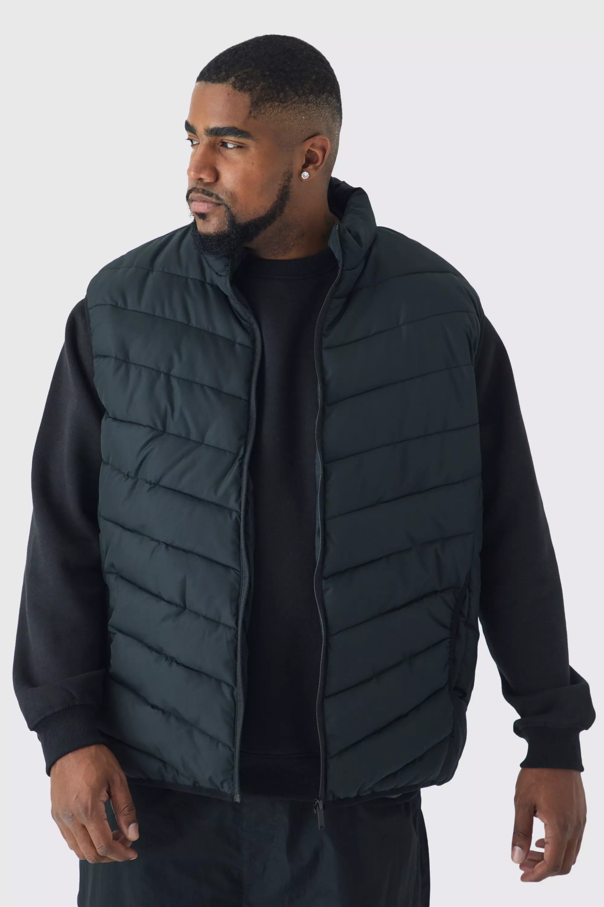 Plus Quilted Zip Through Funnel Neck Vest In Black Black