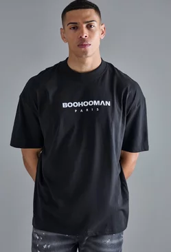 Oversized Boohooman Paris High Build Print T-shirt Black