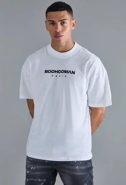 Oversized Boohooman Paris High Build Print T-shirt White