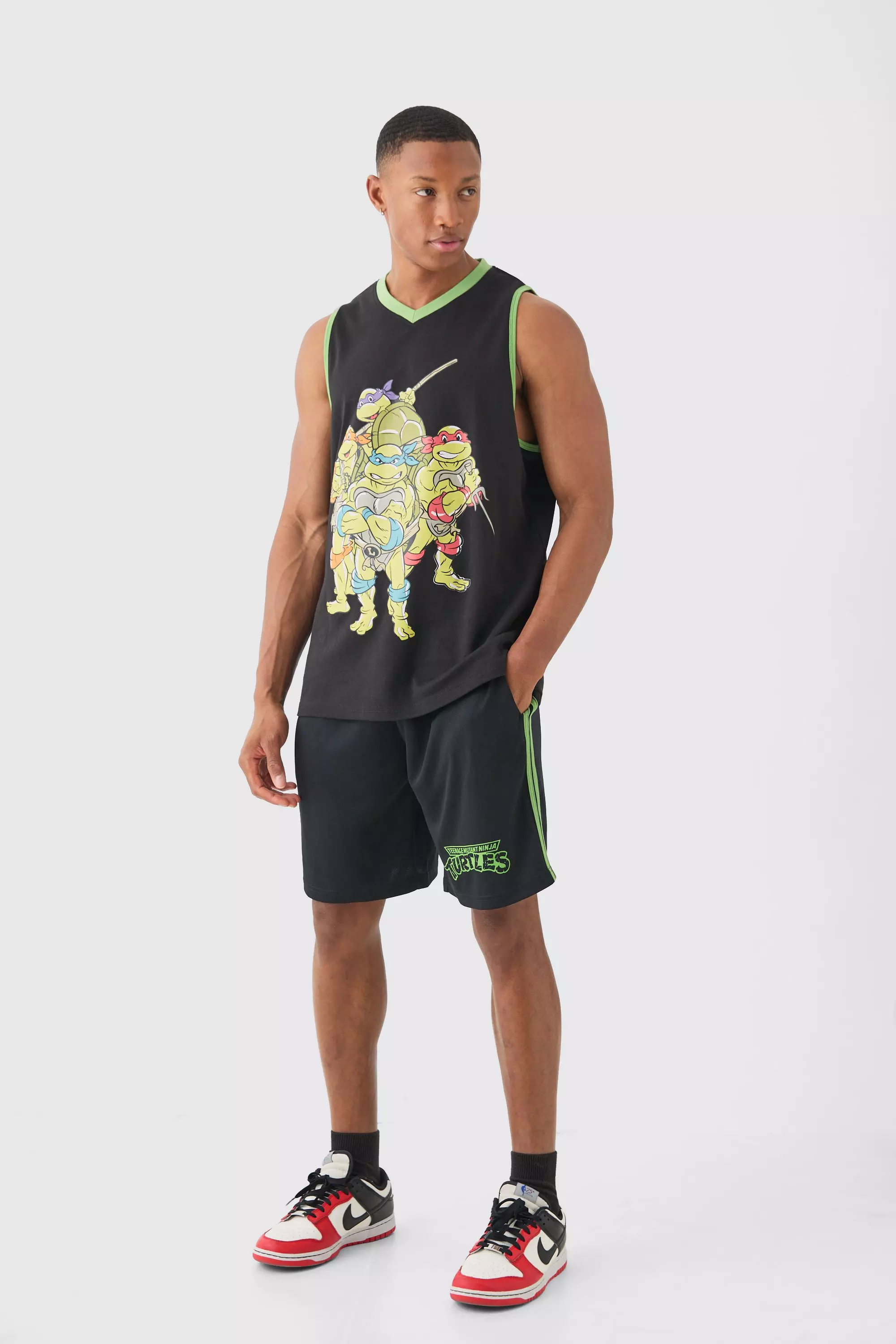 Black Oversized Ninja Turtles License Vest And Short Set