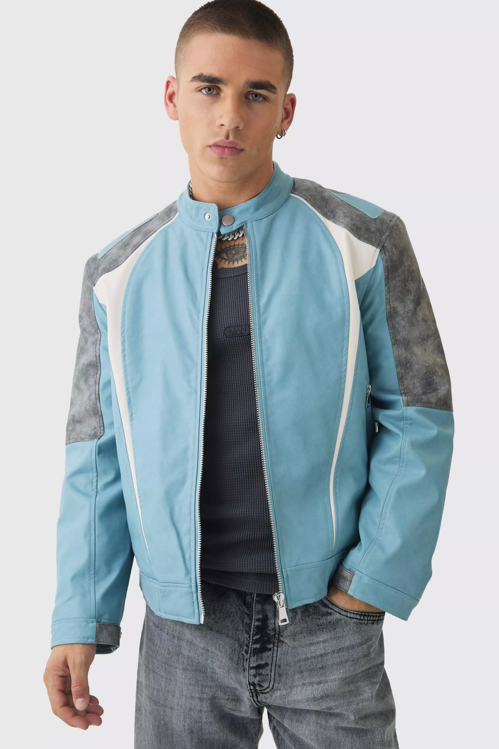 Washed Pu Panel Moto Jacket In Blue Blue