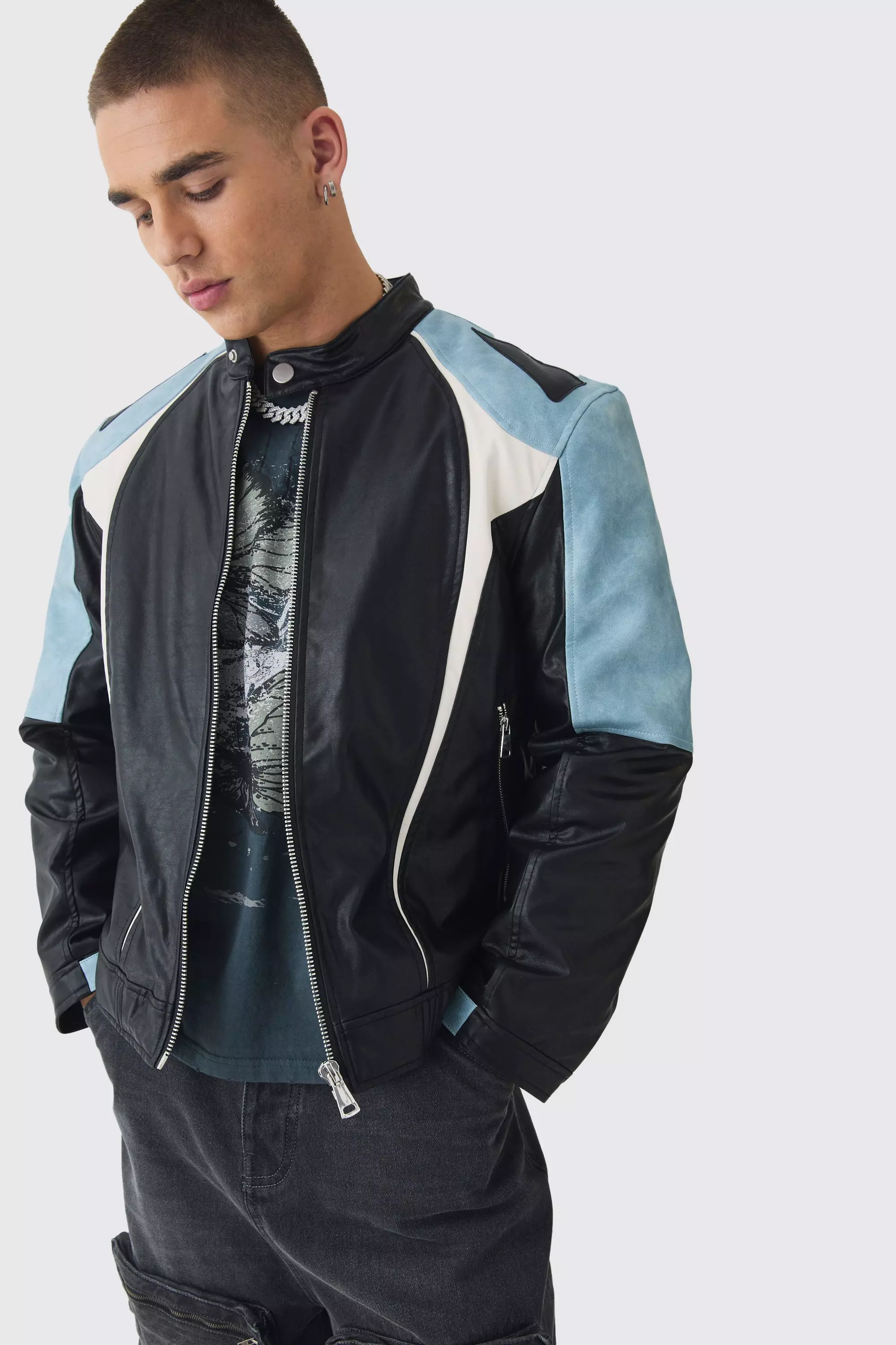 Washed Pu Panel Moto Jacket In Black Black