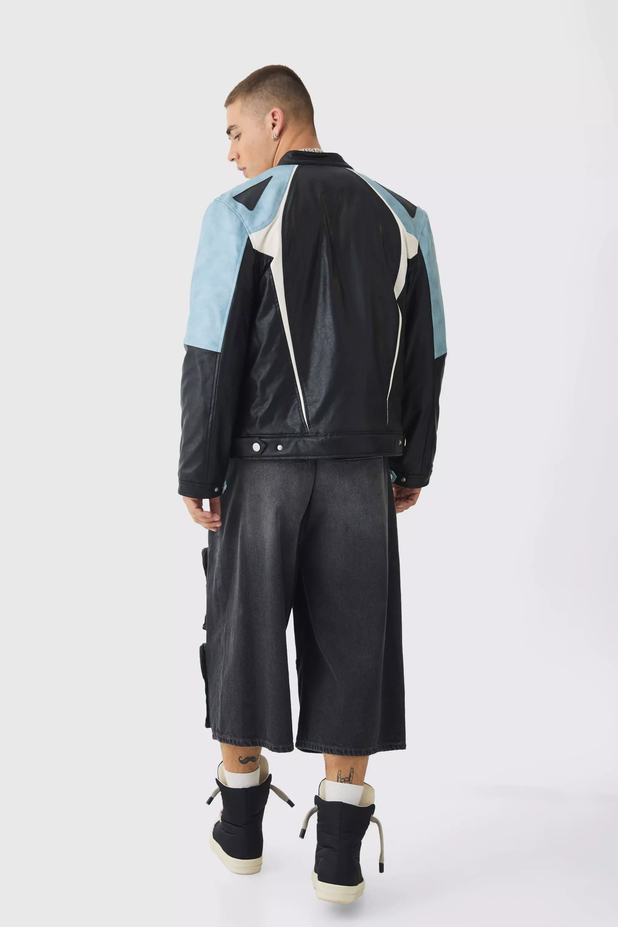 Washed Pu Panel Moto Jacket In Black alternative image