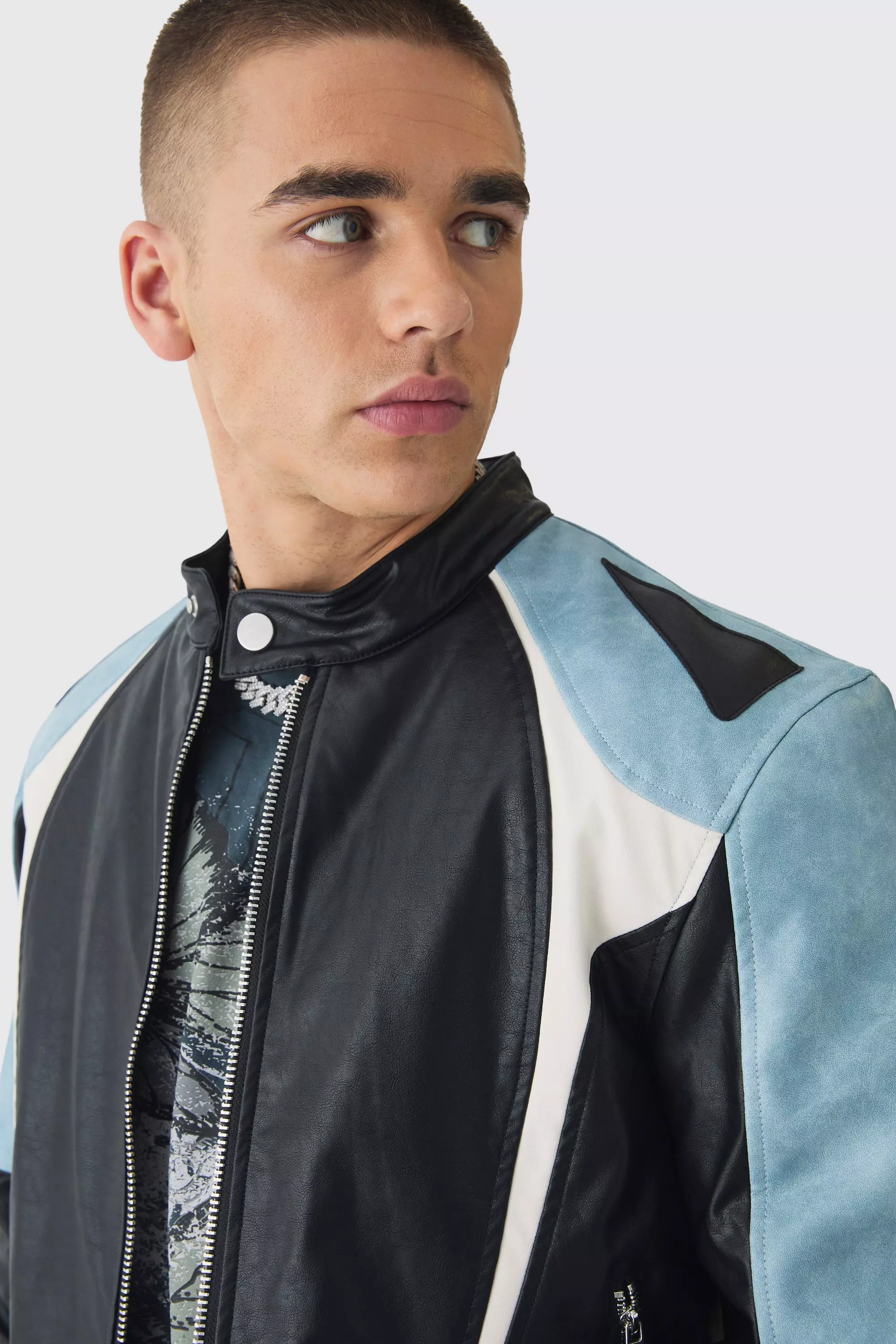 Washed Pu Panel Moto Jacket In Black alternative image