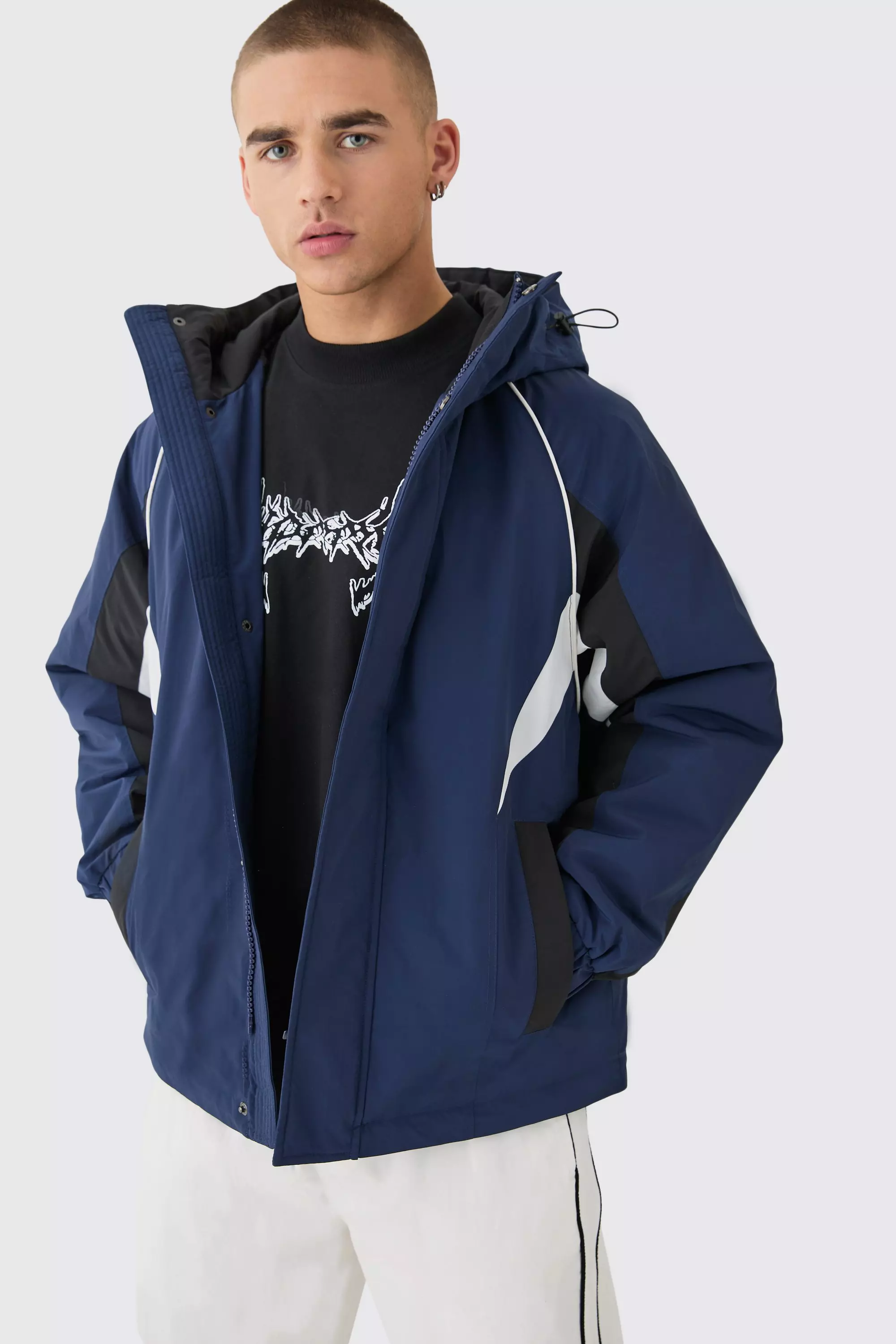 Hooded Colour Block Parka In Navy Navy